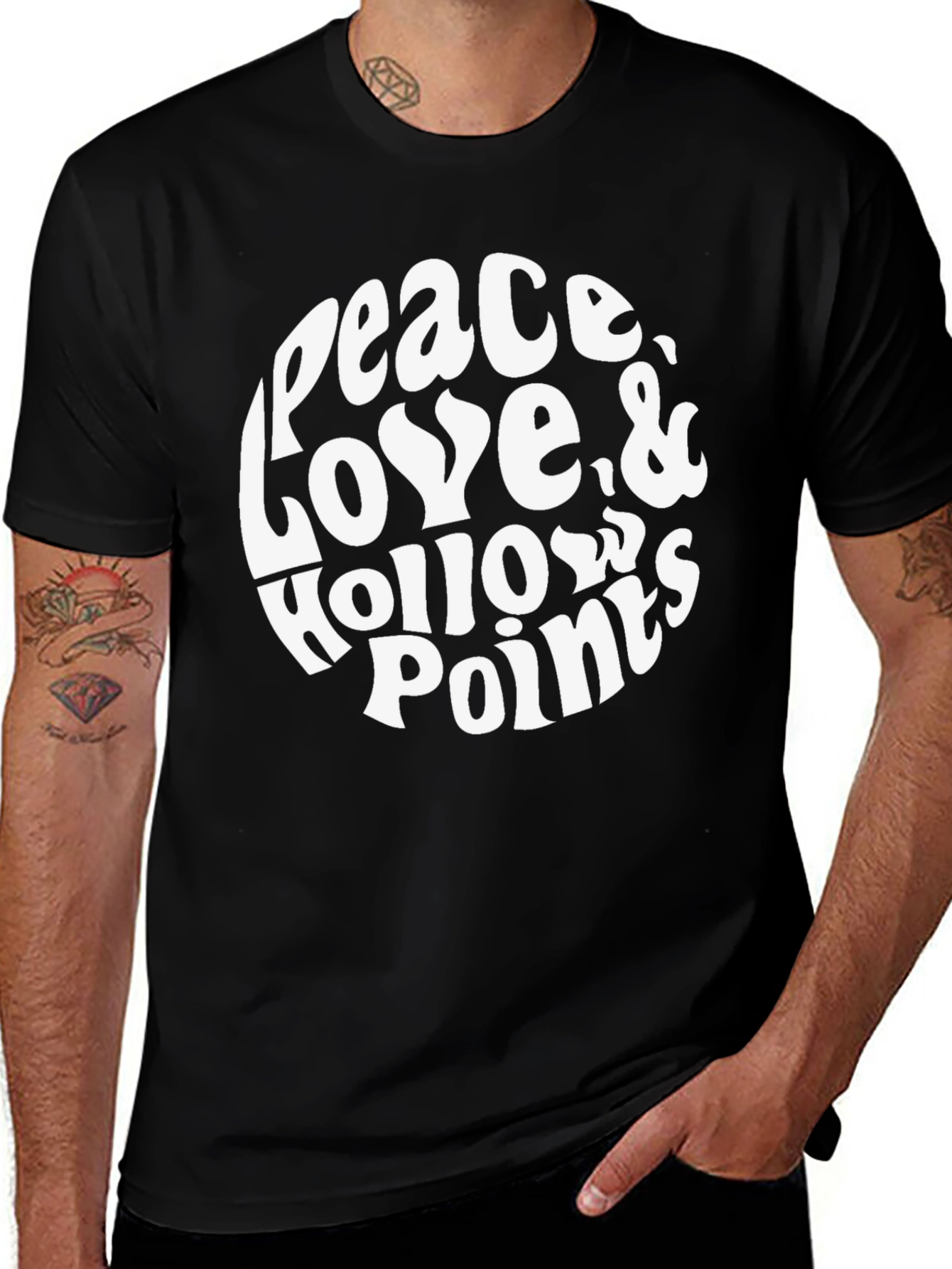 Peace Love Hollow Points Black Graphic T-Shirt