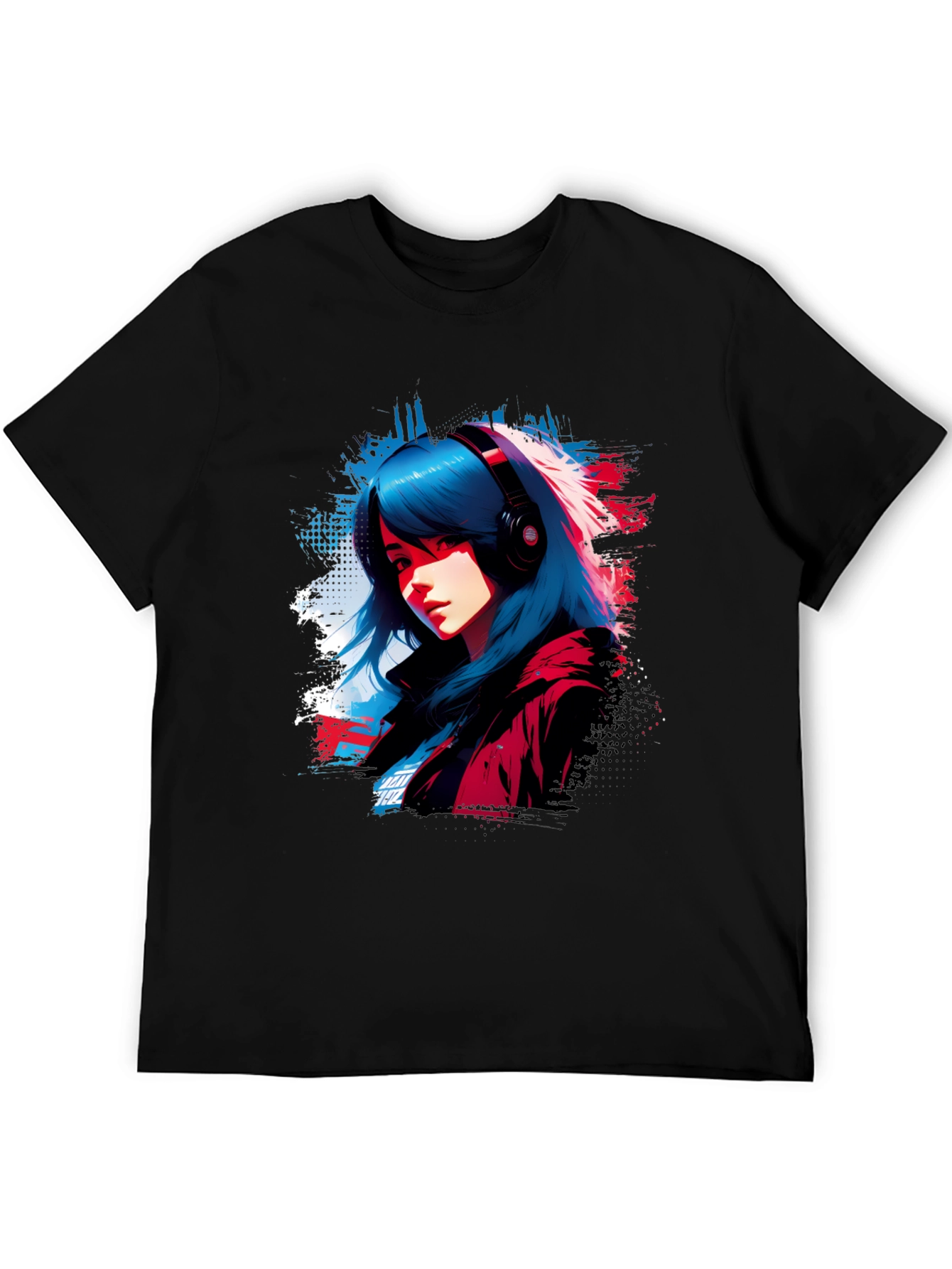 Anime Girl Headphones Graphic Black T-Shirt
