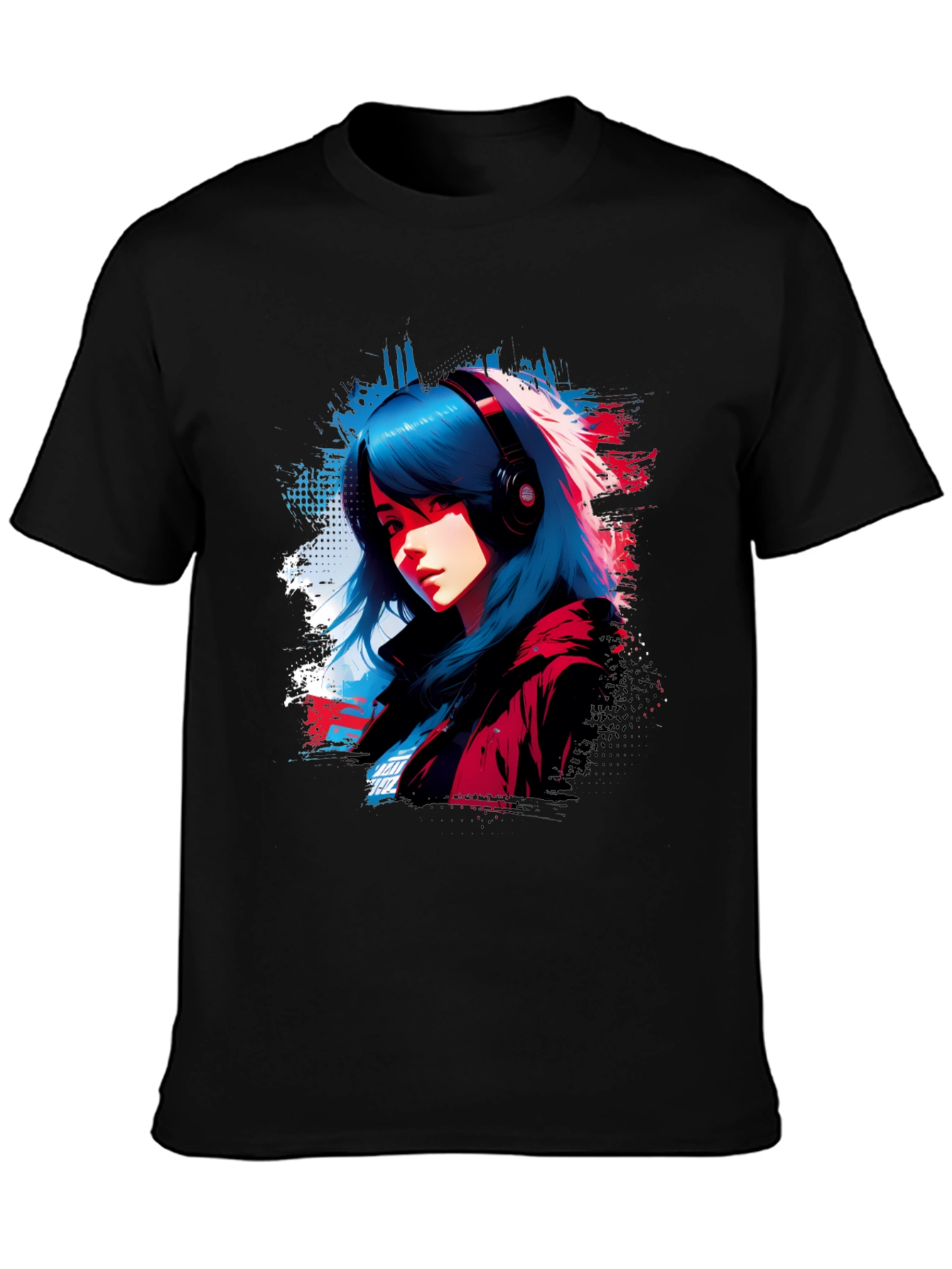 Anime Girl Headphones Graphic Black T-Shirt