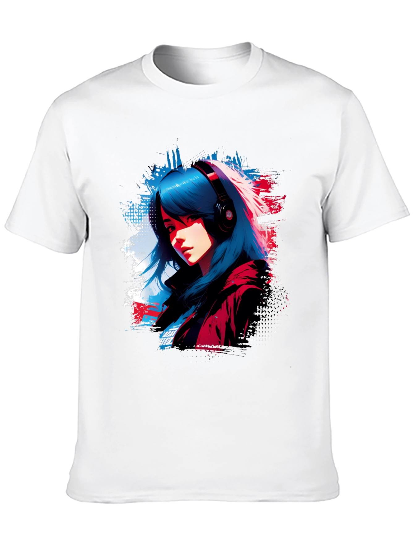 Anime Girl Headphones Graphic Black T-Shirt