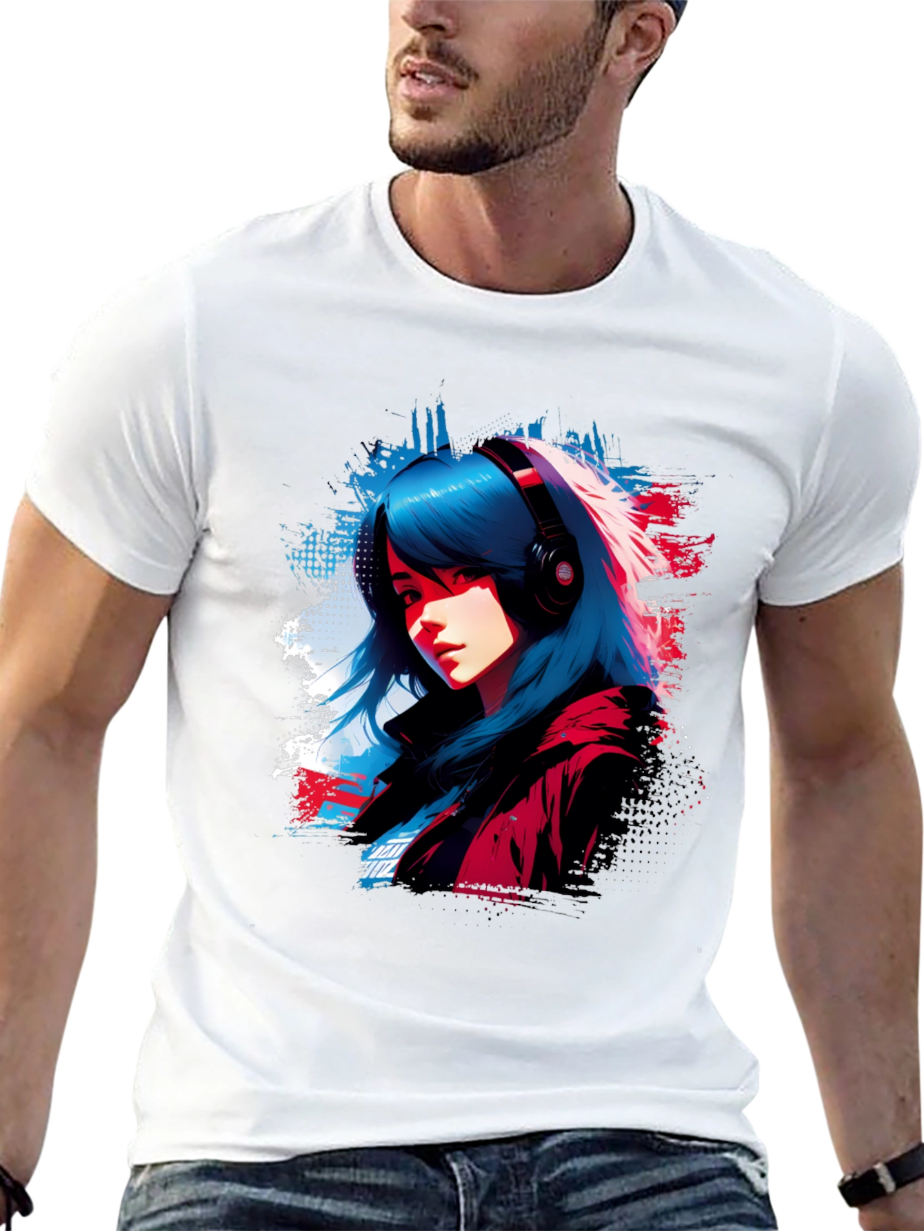 Anime Girl Headphones Graphic Black T-Shirt