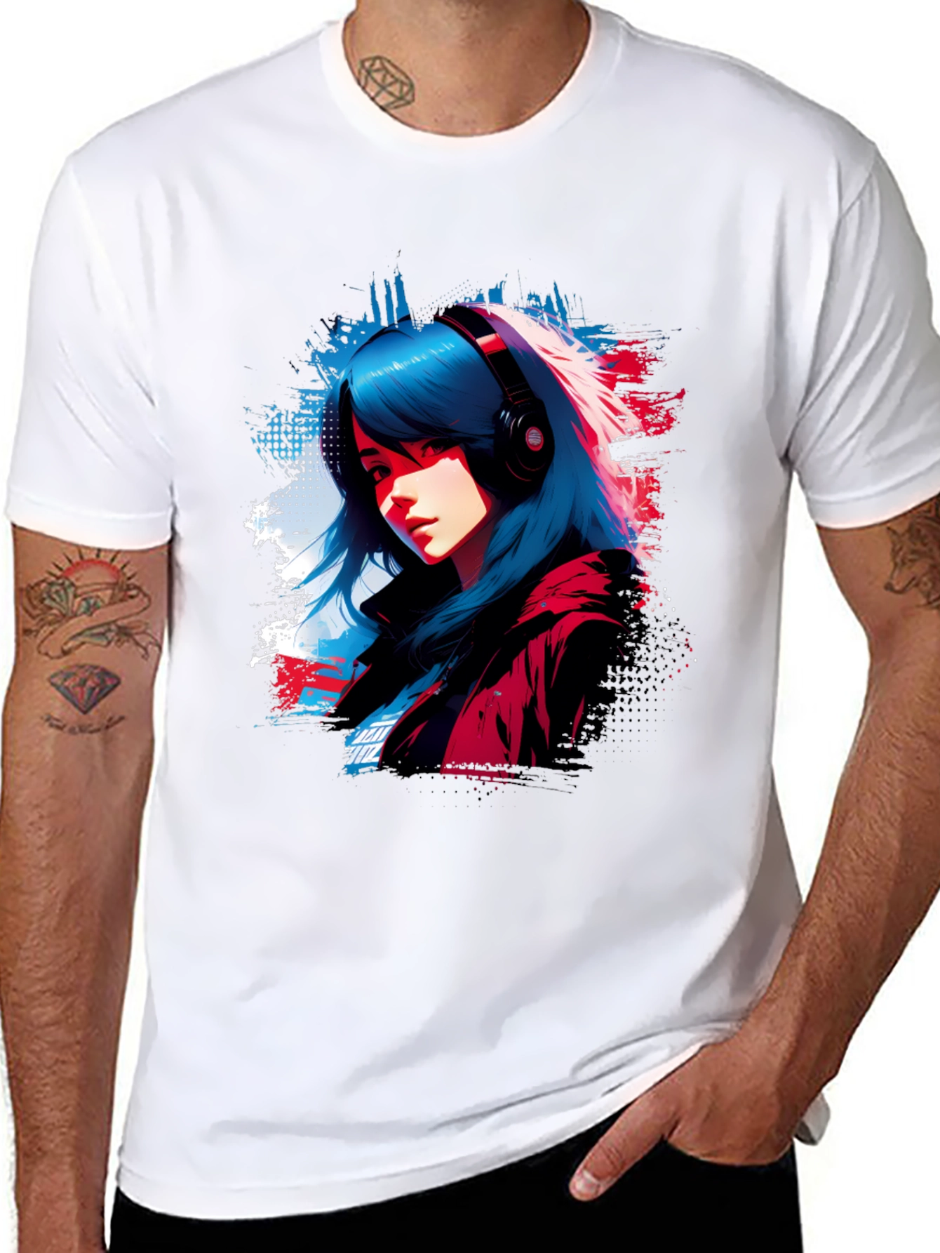 Anime Girl Headphones Graphic Black T-Shirt