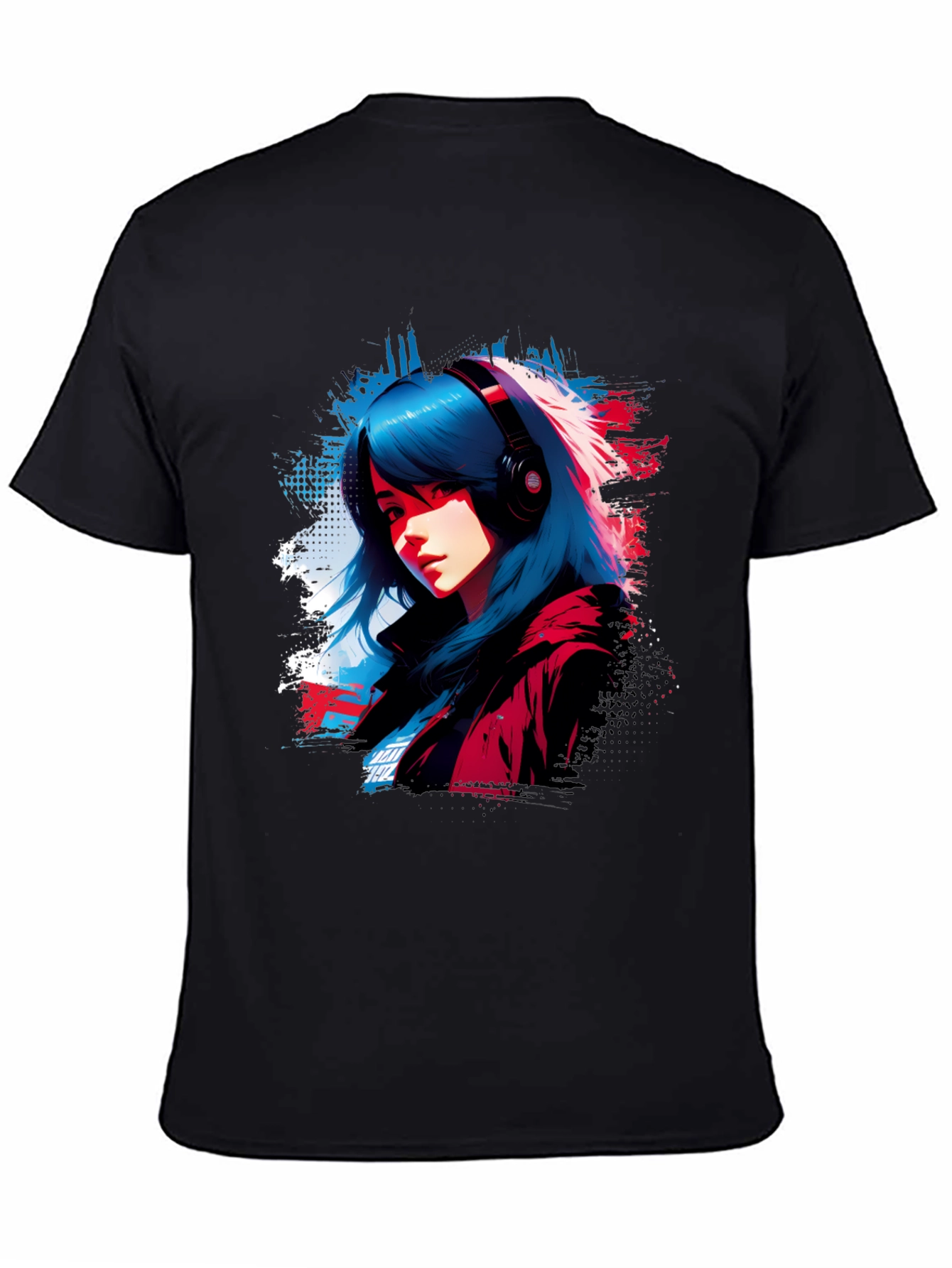 Anime Girl Headphones Graphic Black T-Shirt