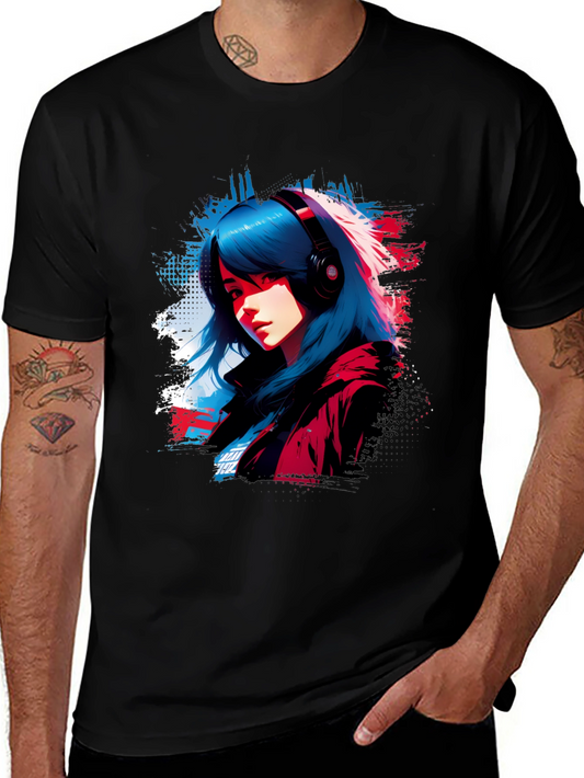 Anime Girl Headphones Graphic Black T-Shirt