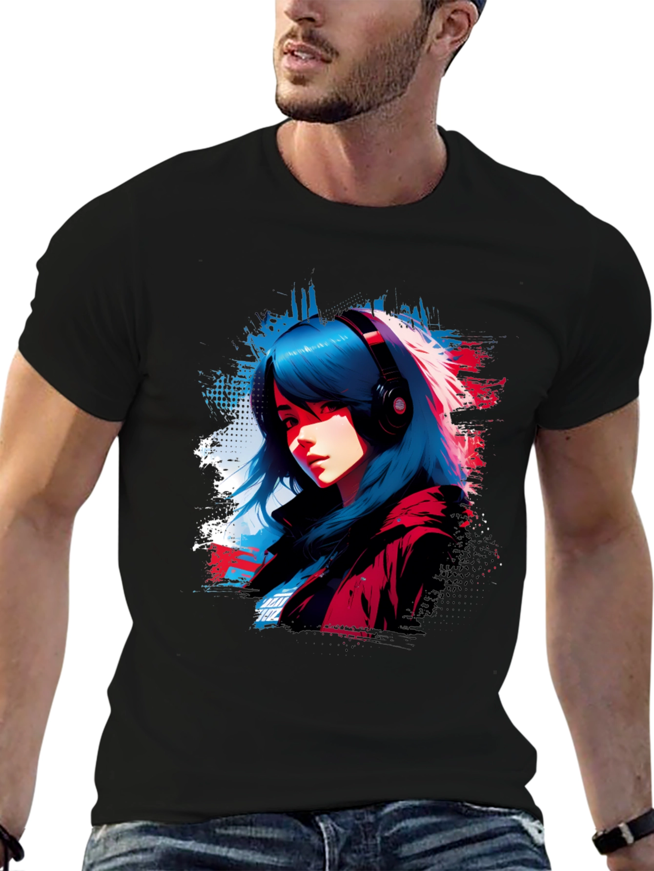 Anime Girl Headphones Graphic Black T-Shirt