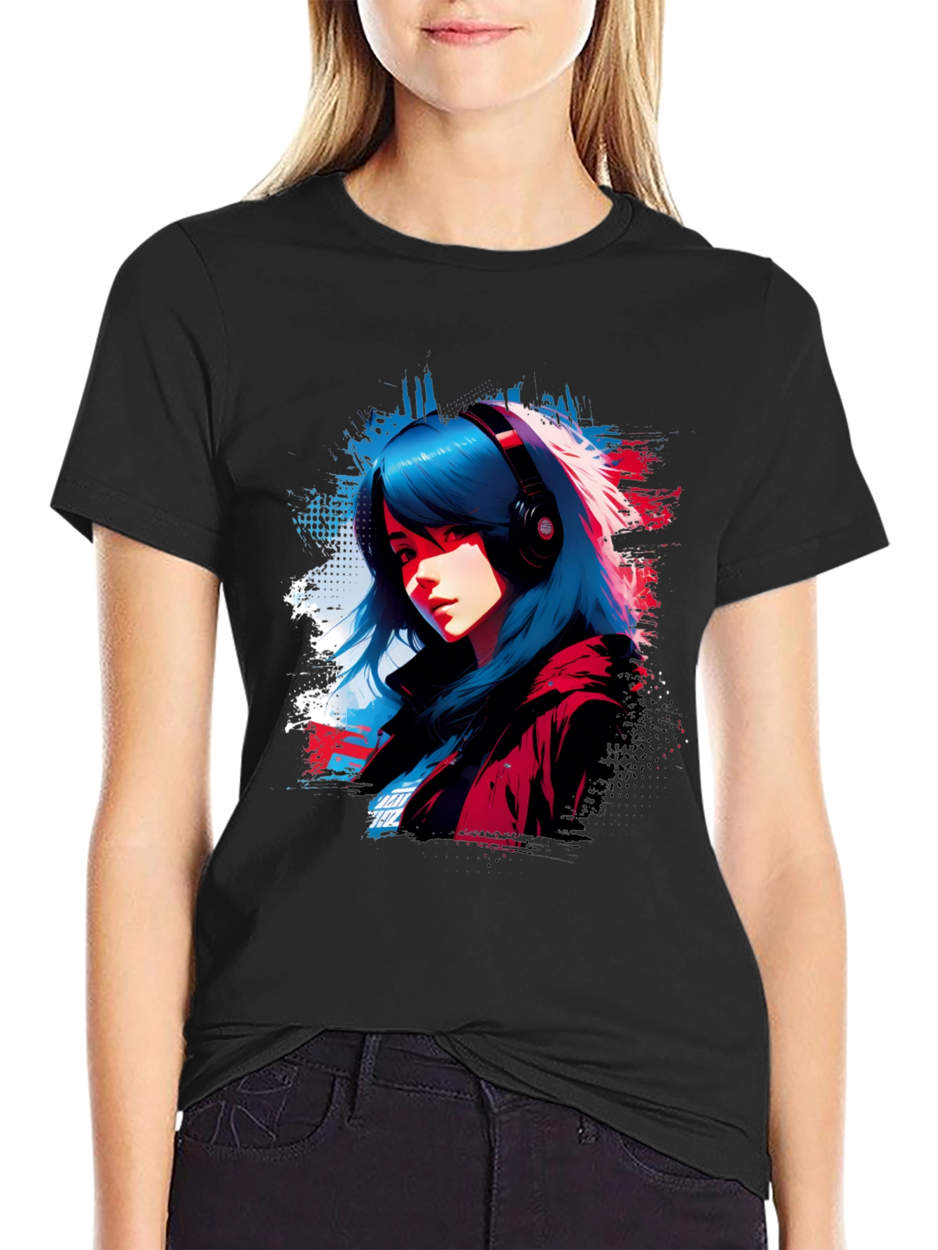 Anime Girl Headphones Graphic Black T-Shirt