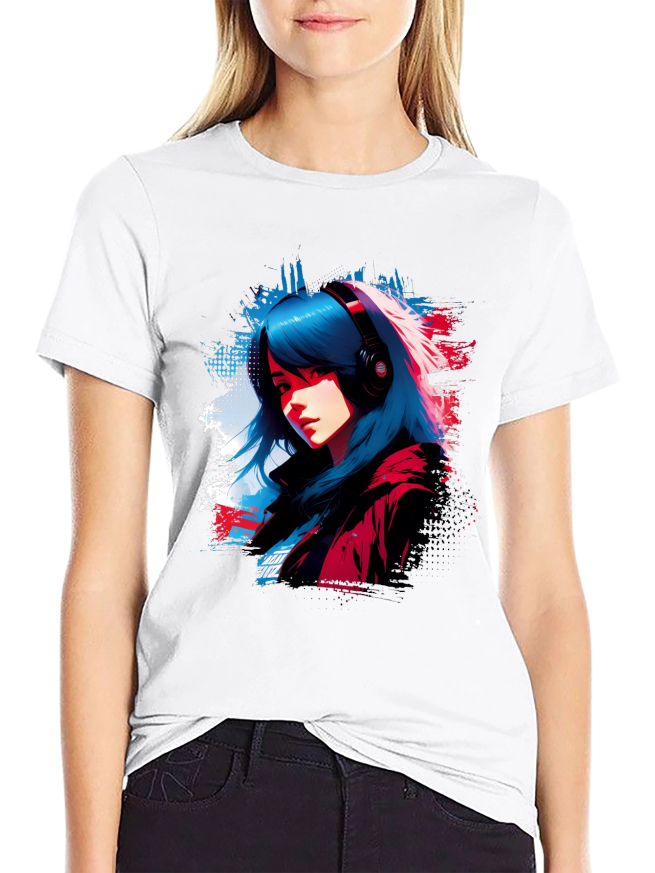 Anime Girl Headphones Graphic Black T-Shirt