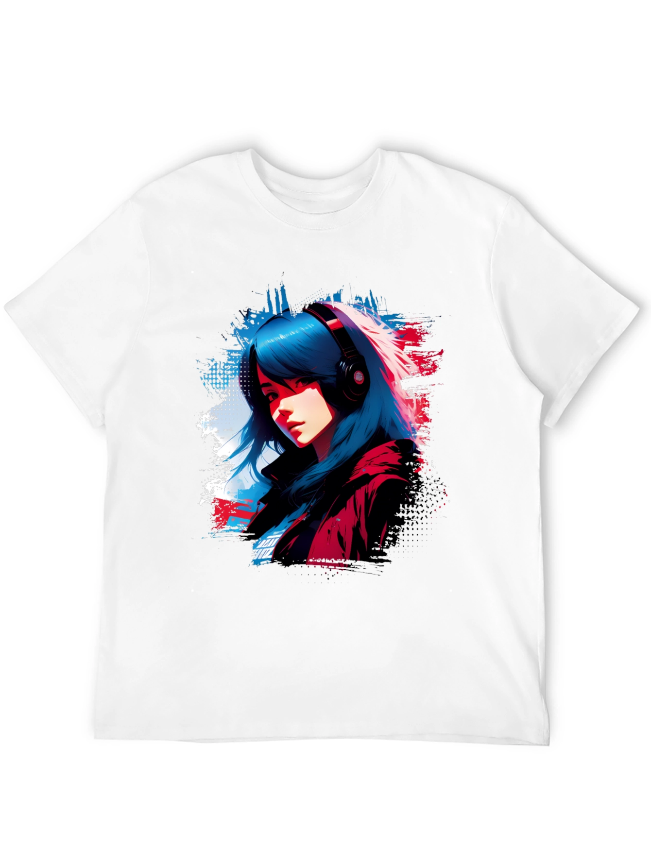 Anime Girl Headphones Graphic Black T-Shirt