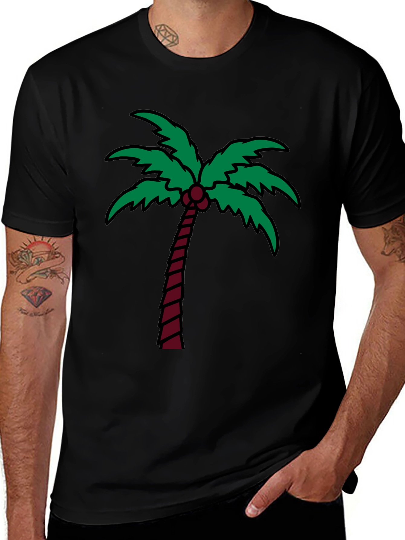 Palm Tree Graphic Tee - Black Cotton T-Shirt