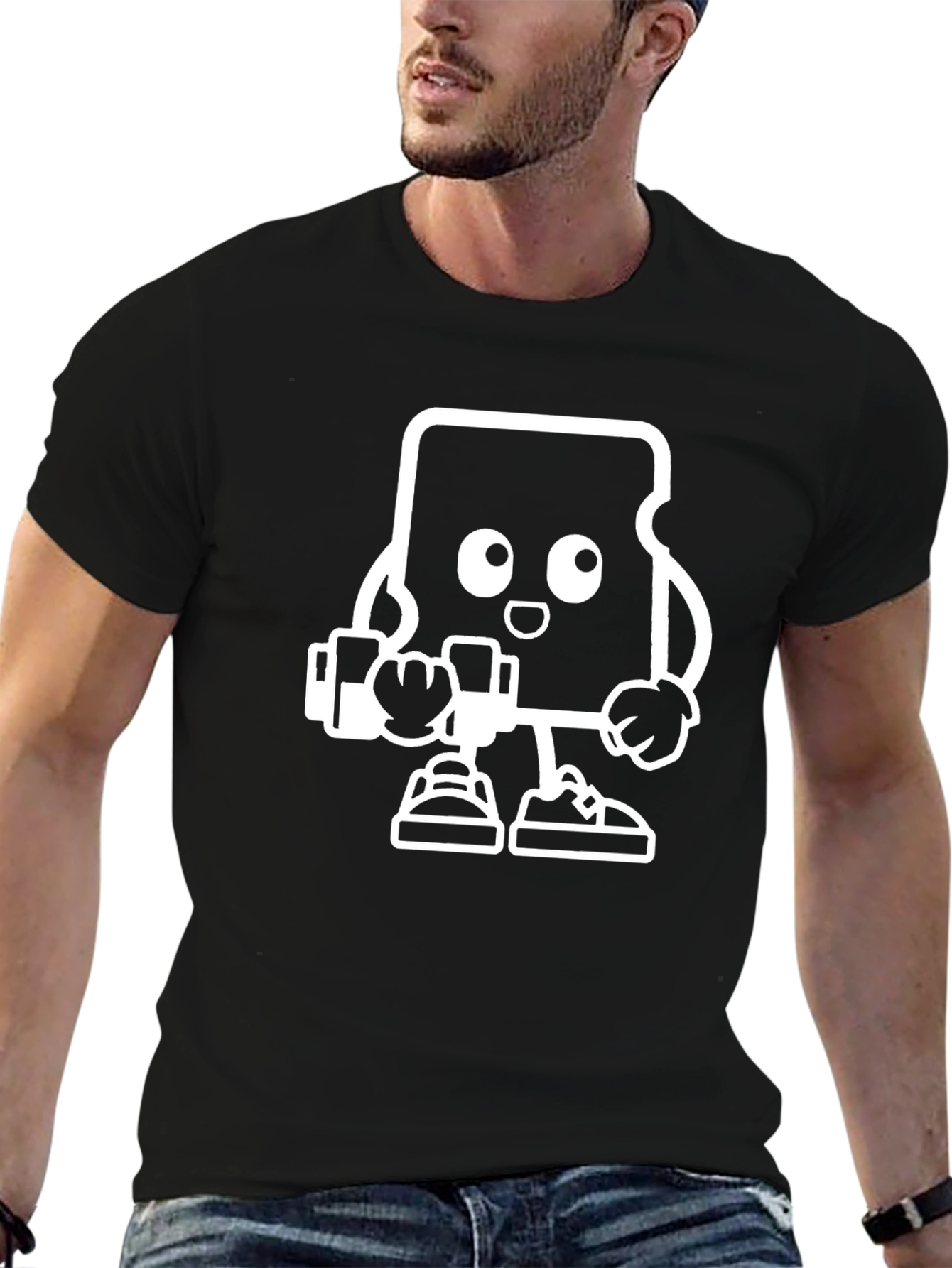 Black T-Shirt with Cartoon SD Card Design