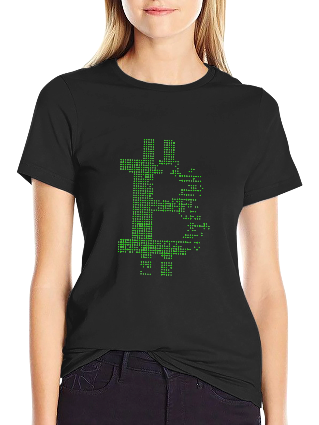Bitcoin Pixelated Green Graphic Black T-Shirt