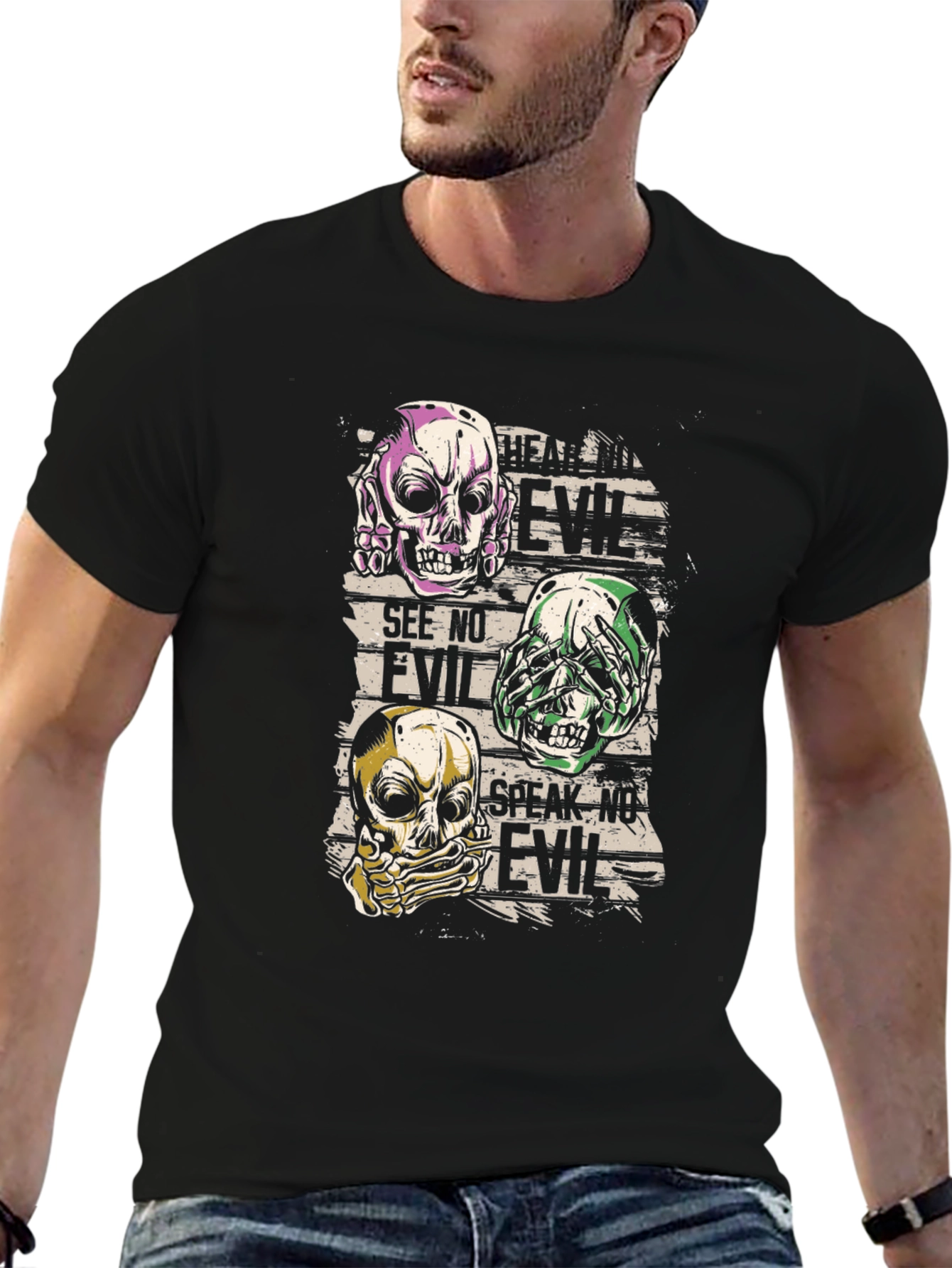Hear See Speak No Evil Skull Graphic T-Shirt
