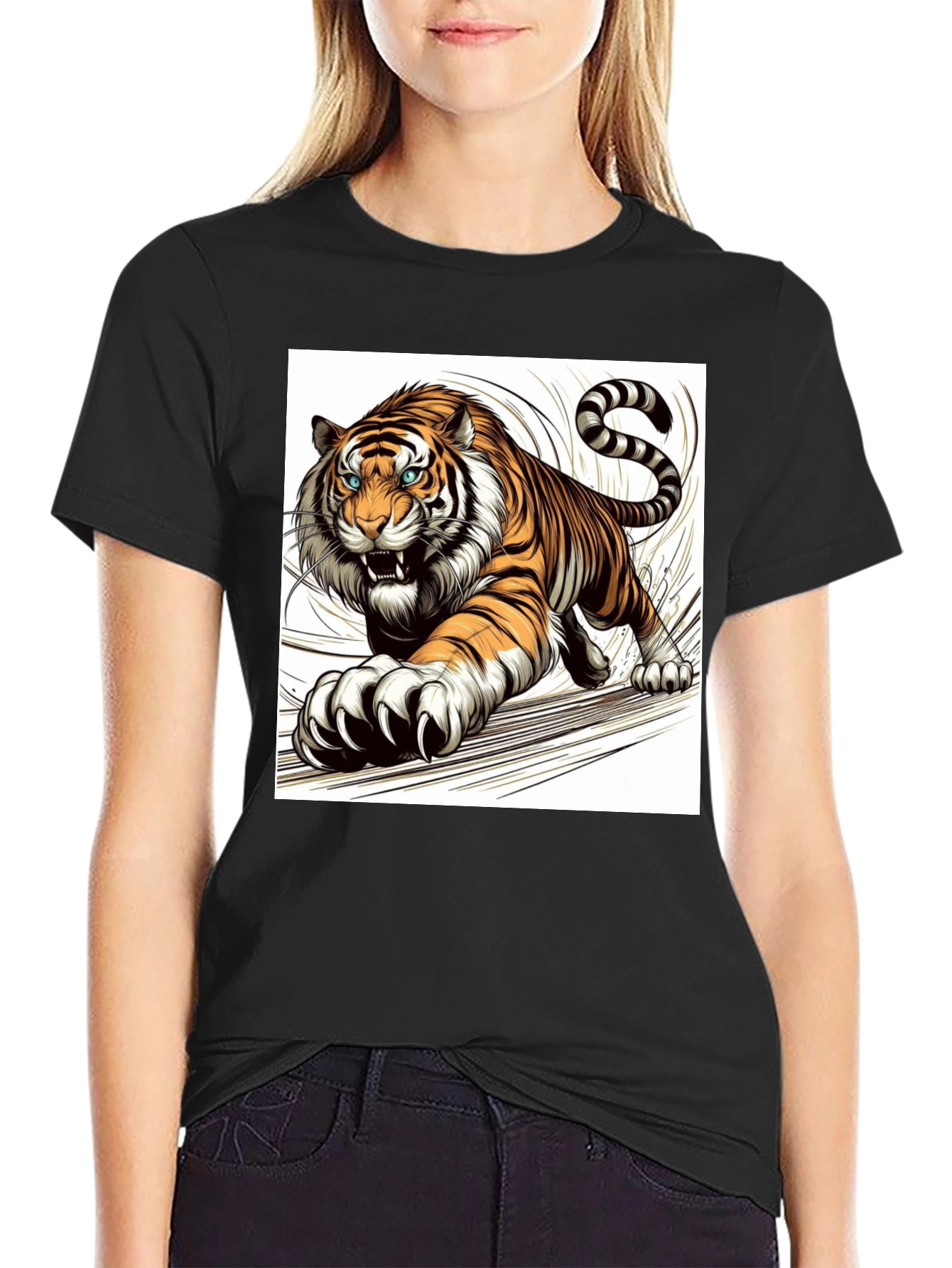 Roaring Tiger Graphic Print Black T-Shirt
