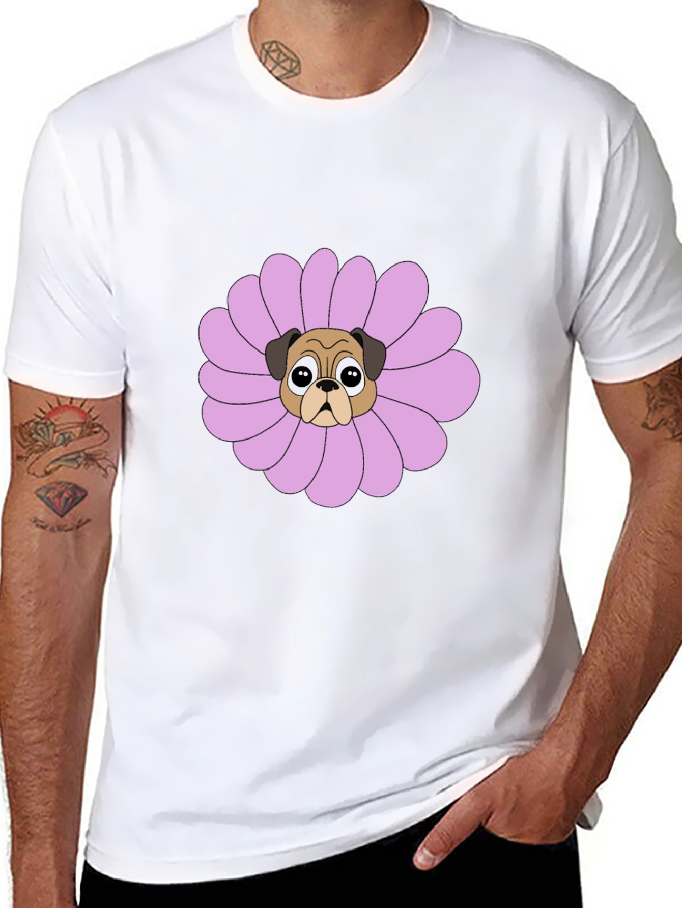 Pug Flower Graphic Tee - Black Cotton T-Shirt