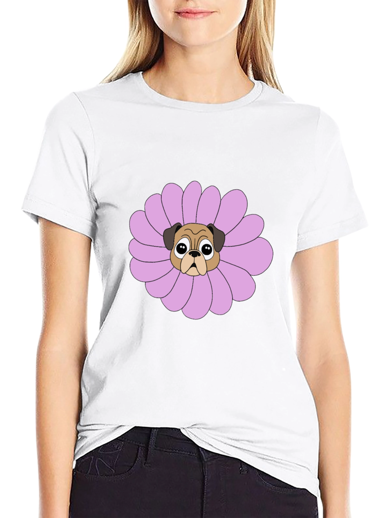 Pug Flower Graphic Tee - Black Cotton T-Shirt