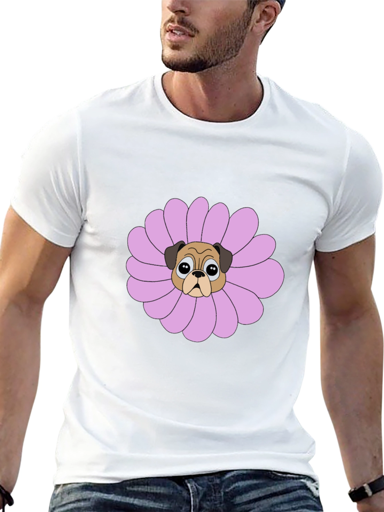 Pug Flower Graphic Tee - Black Cotton T-Shirt