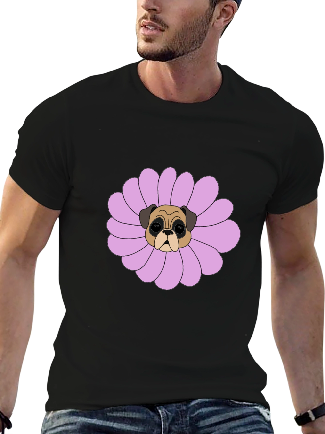 Pug Flower Graphic Tee - Black Cotton T-Shirt