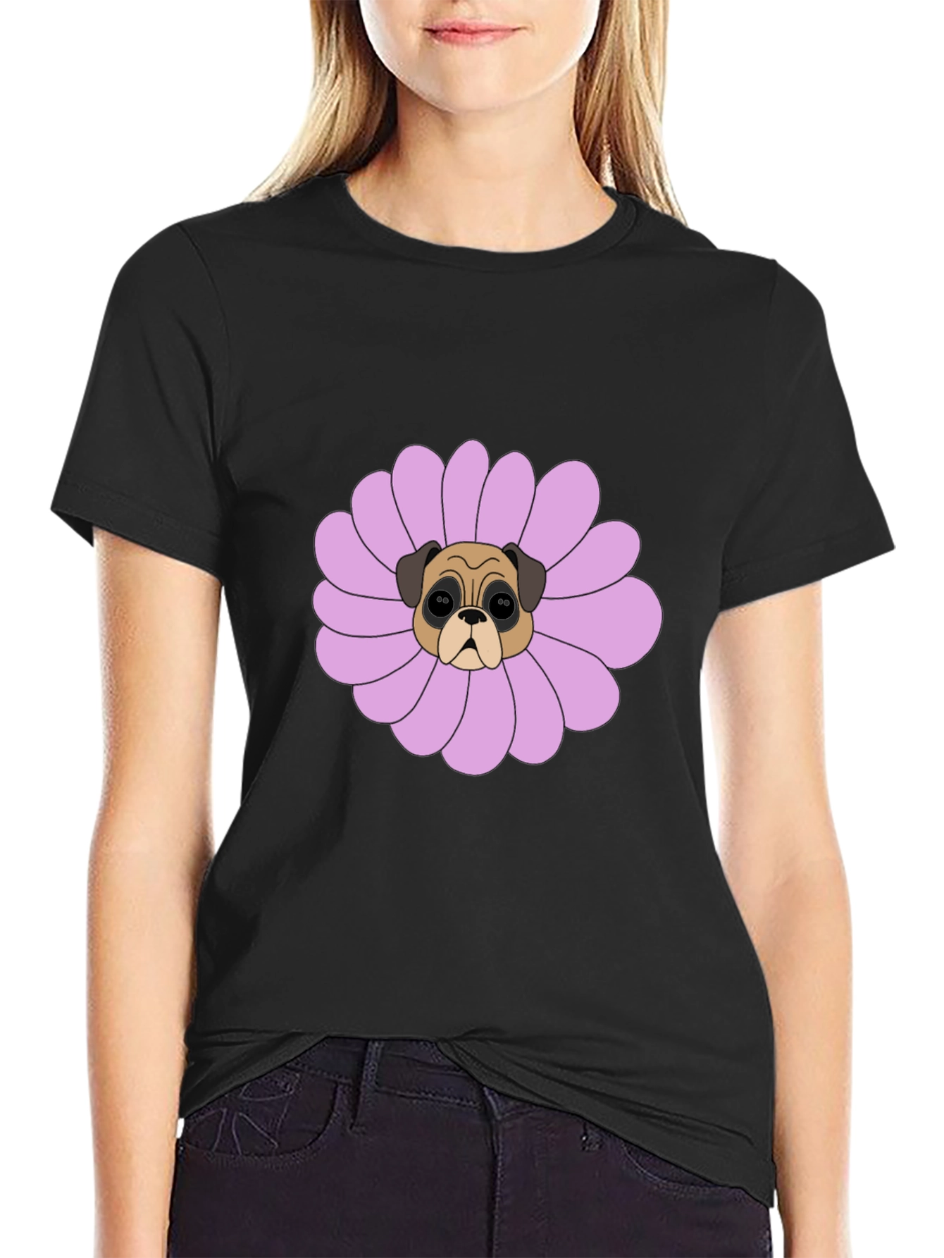 Pug Flower Graphic Tee - Black Cotton T-Shirt