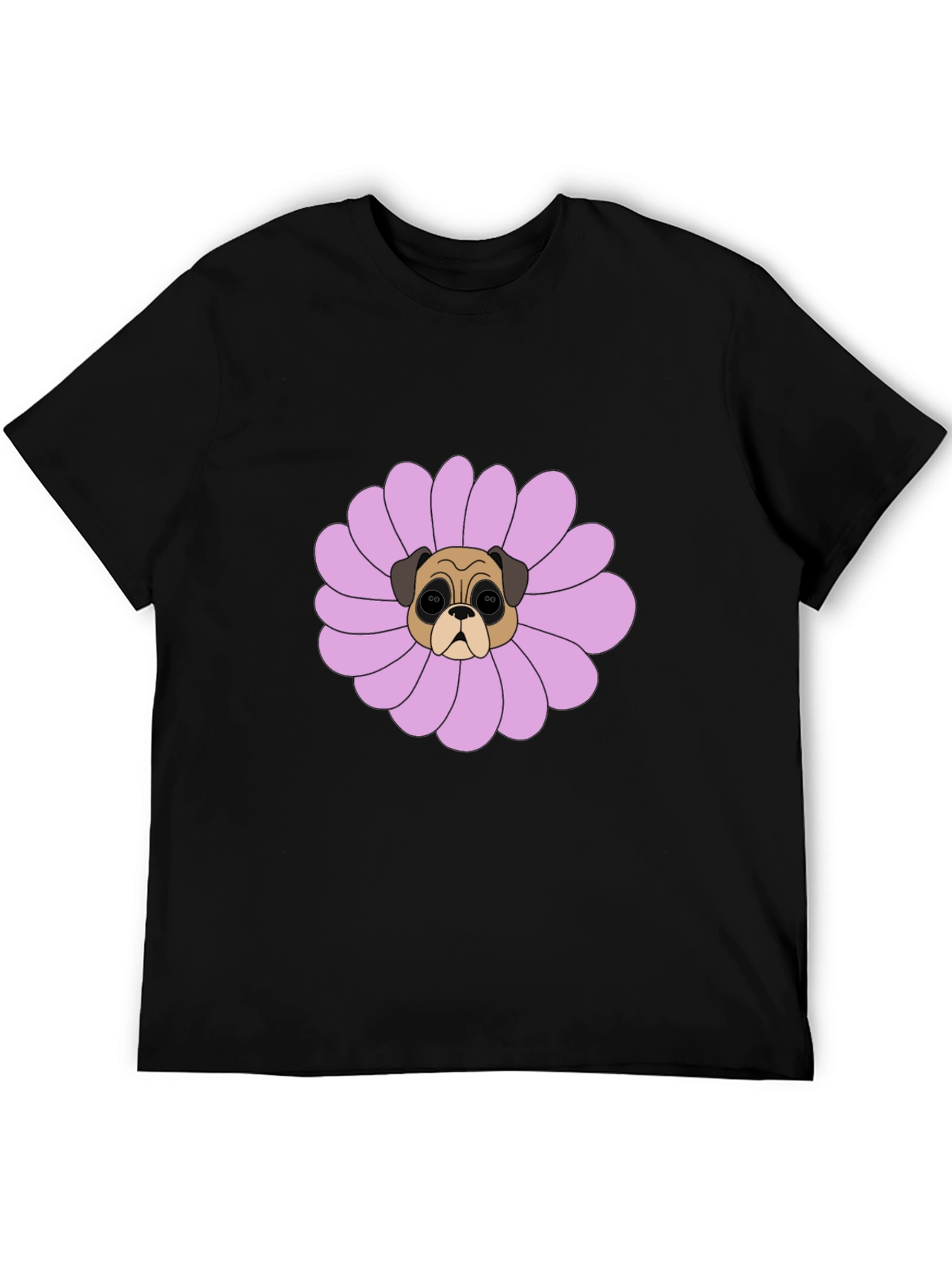 Pug Flower Graphic Tee - Black Cotton T-Shirt