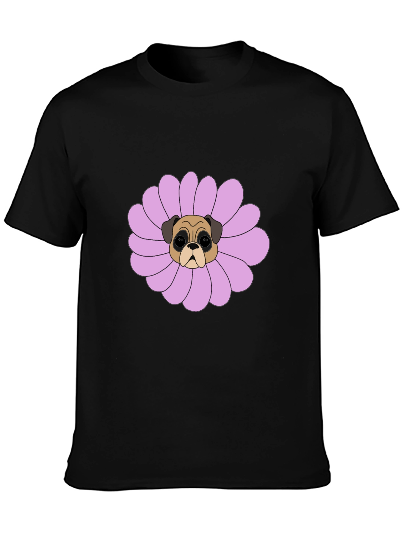 Pug Flower Graphic Tee - Black Cotton T-Shirt