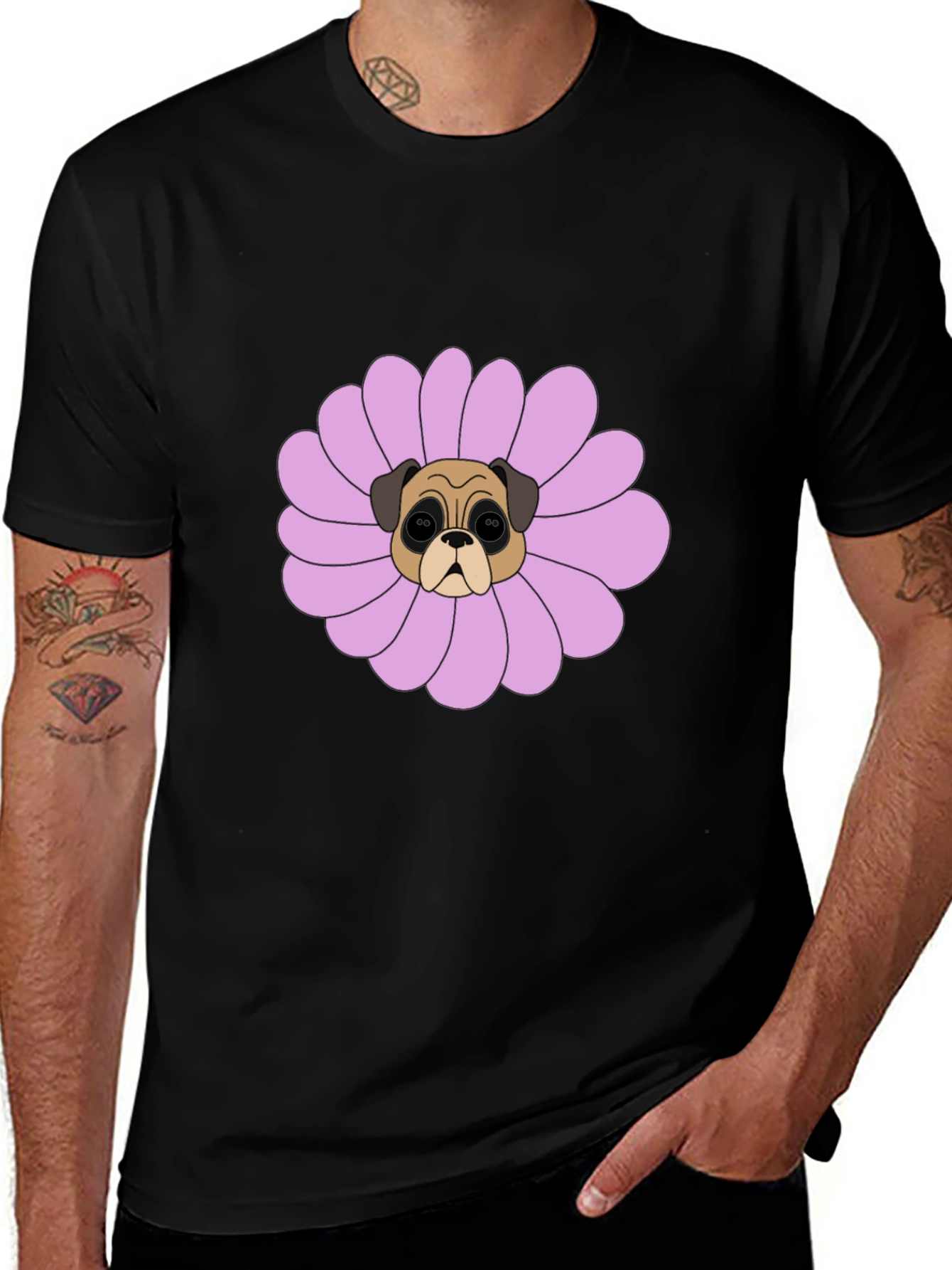 Pug Flower Graphic Tee - Black Cotton T-Shirt