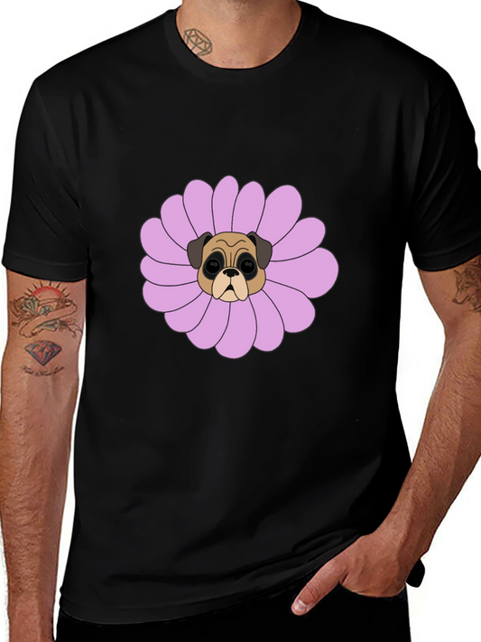 Pug Flower Graphic Tee - Black Cotton T-Shirt