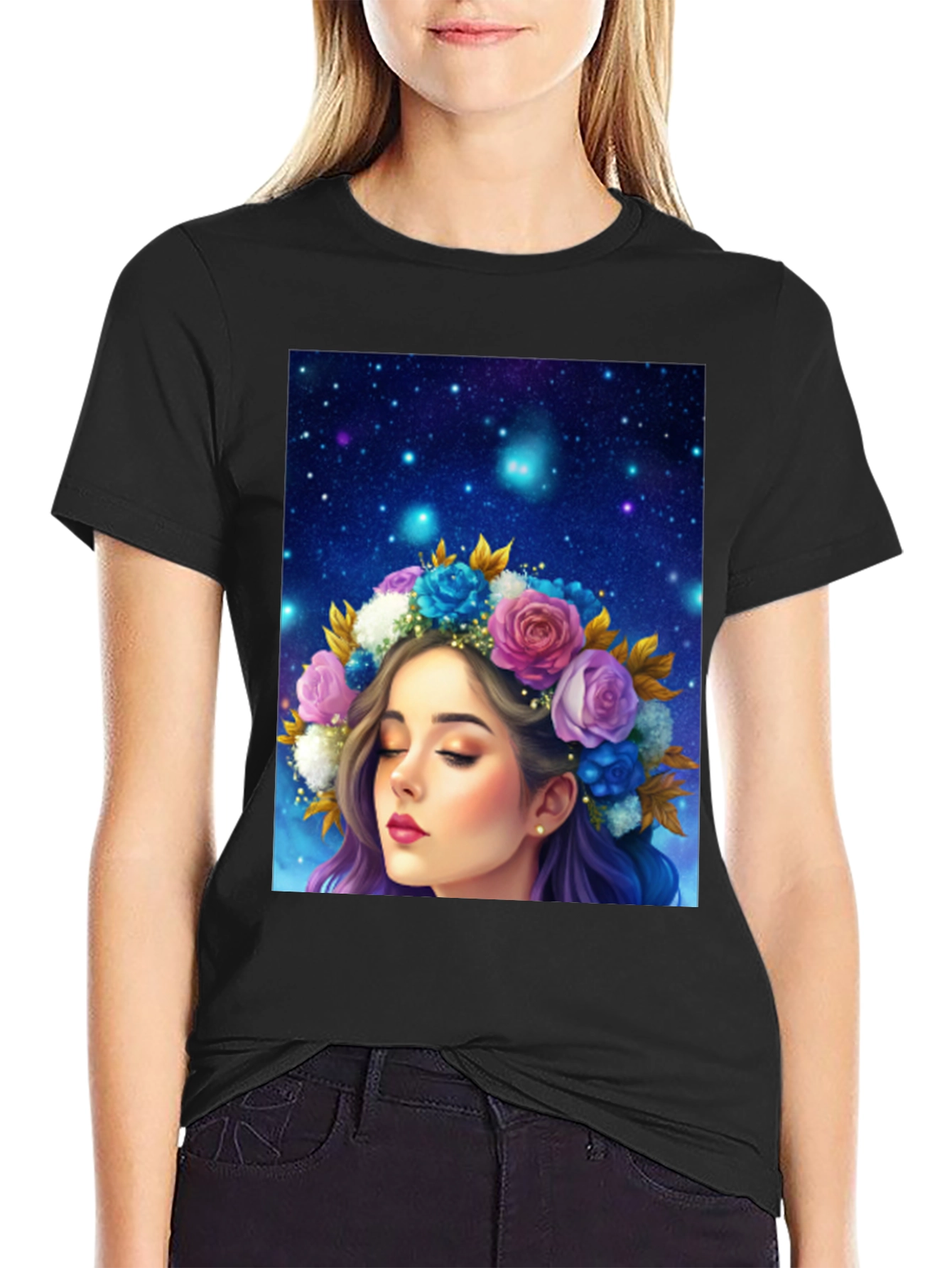 Floral Crown Girl Graphic Black T-Shirt