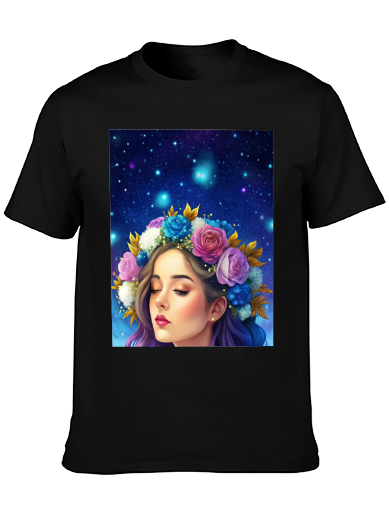Floral Crown Girl Graphic Black T-Shirt