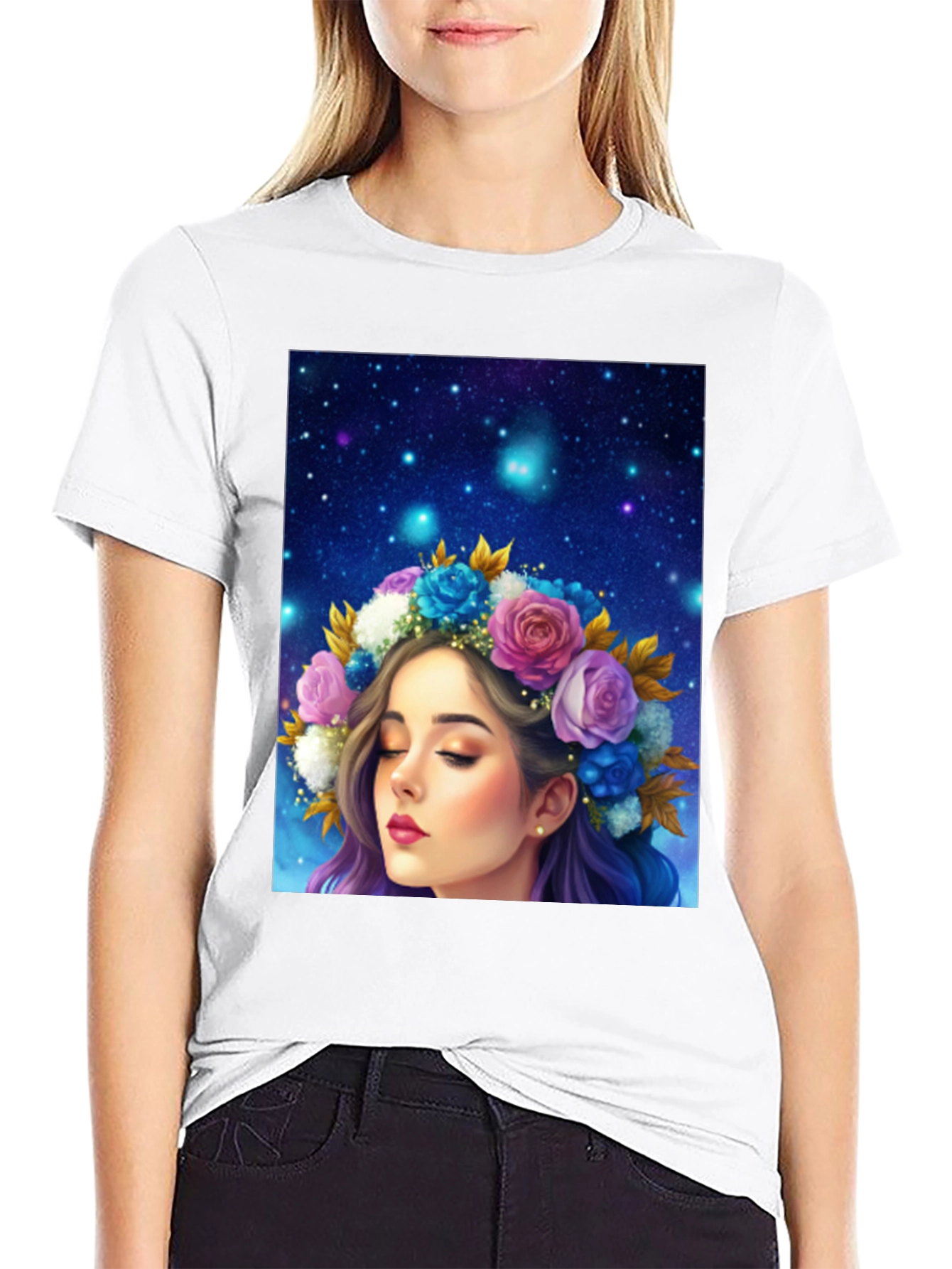 Floral Crown Girl Graphic Black T-Shirt