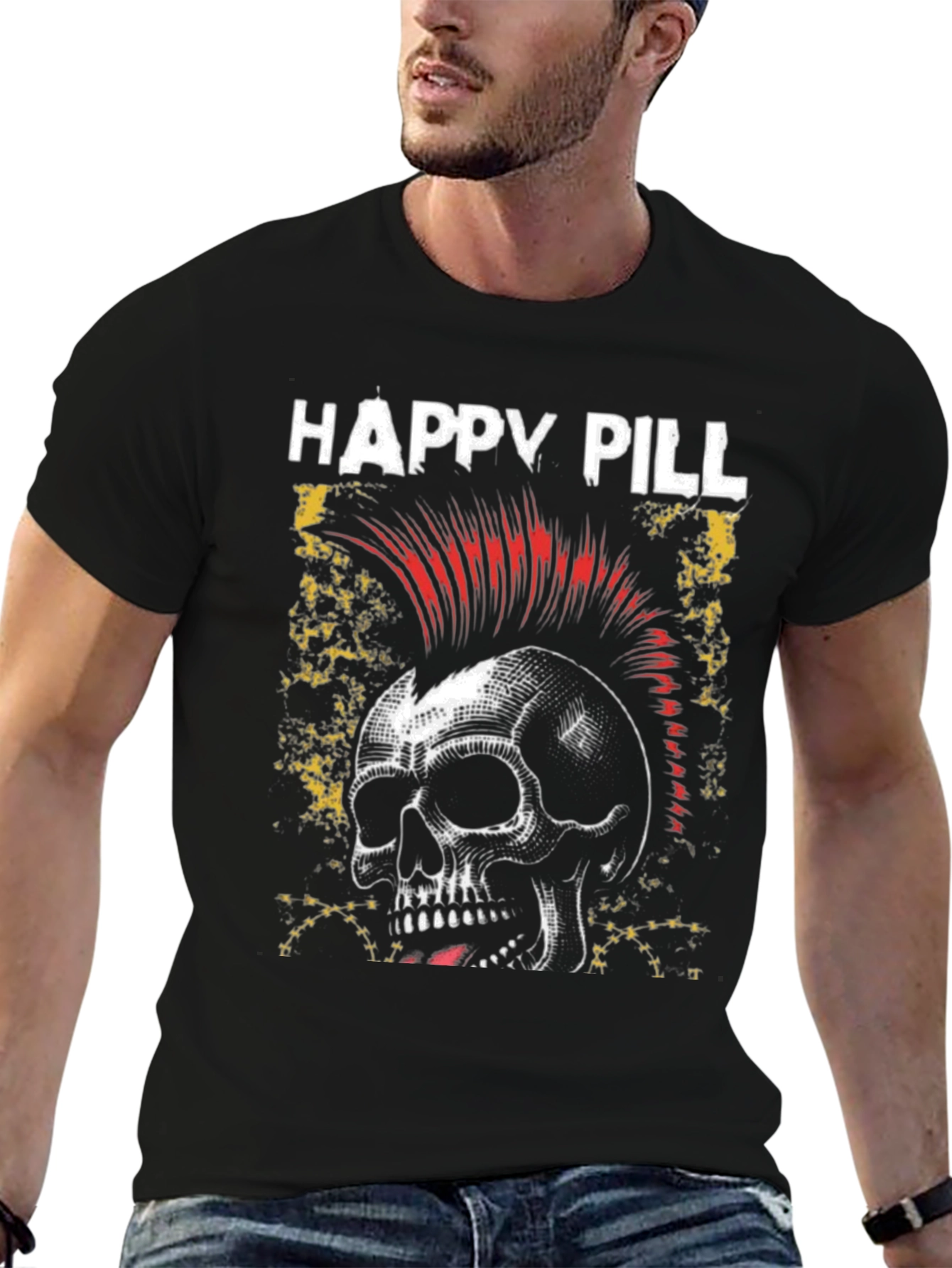 Happy Pill Skull Graphic T-Shirt - Black