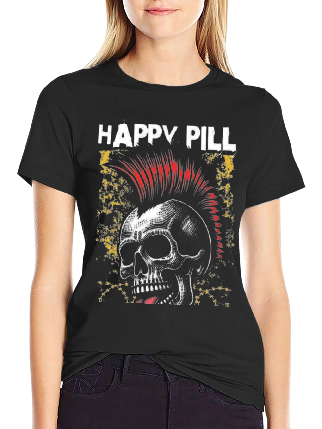 Happy Pill Skull Graphic T-Shirt - Black