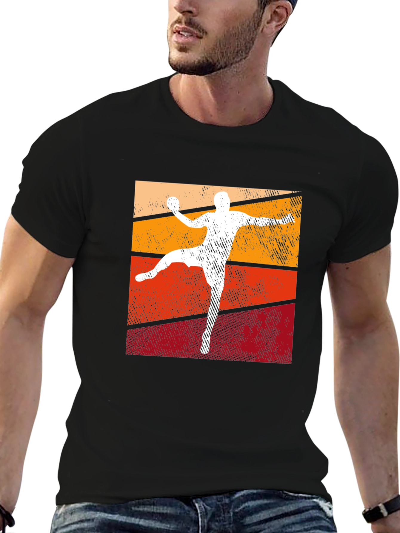 Retro Handball Player Graphic T-Shirt - Black