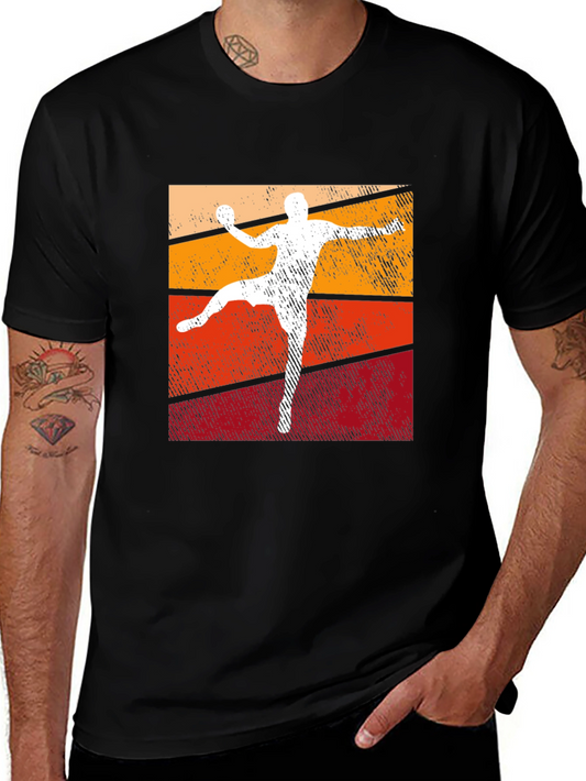 Retro Handball Player Graphic T-Shirt - Black