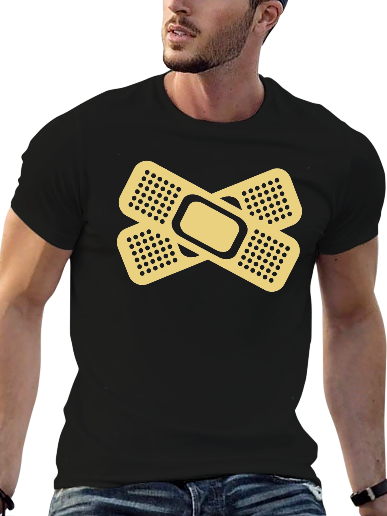 Funny Band-Aid Graphic Tee - Black Cotton Shirt
