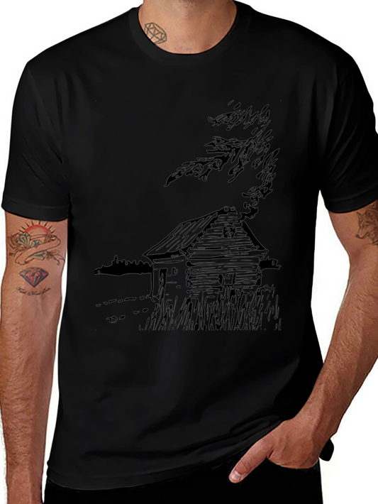 Cabin Sketch Graphic Tee - Classic Black Cotton T-Shirt