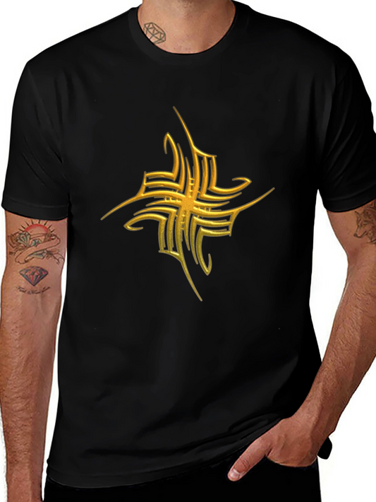 Mens Black T-Shirt with Gold Tribal Cross Graphic