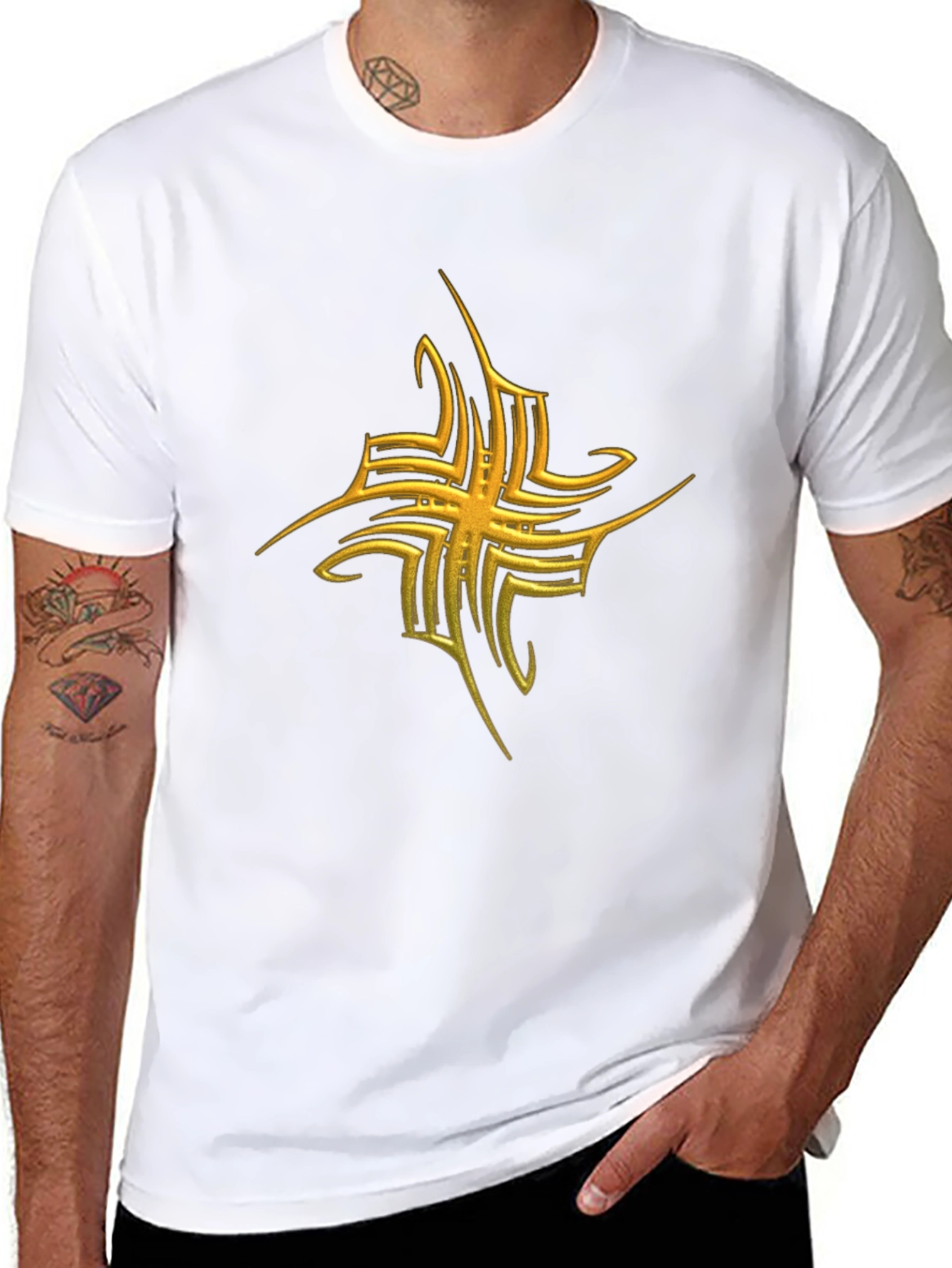 Mens Black T-Shirt with Gold Tribal Cross Graphic