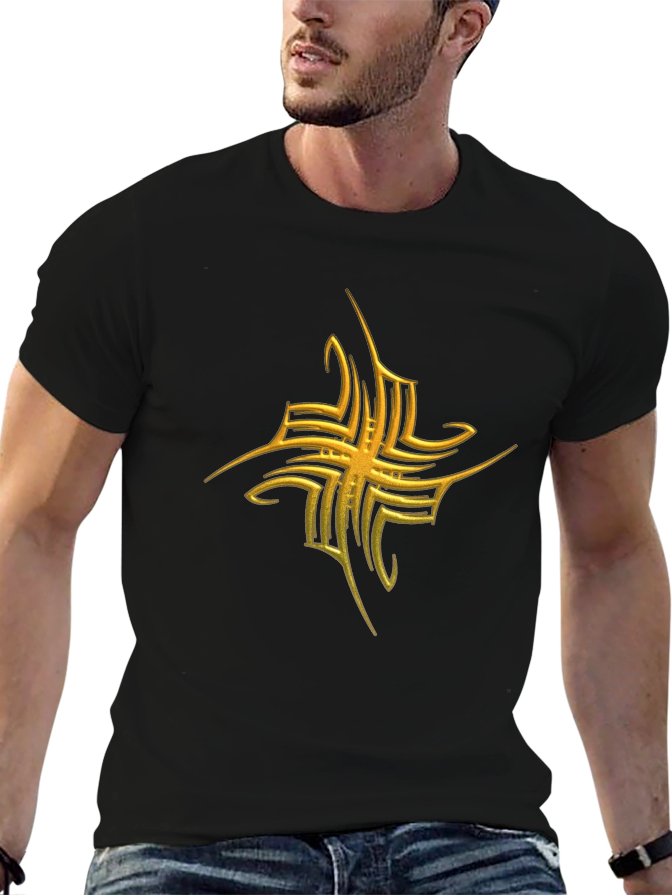 Mens Black T-Shirt with Gold Tribal Cross Graphic