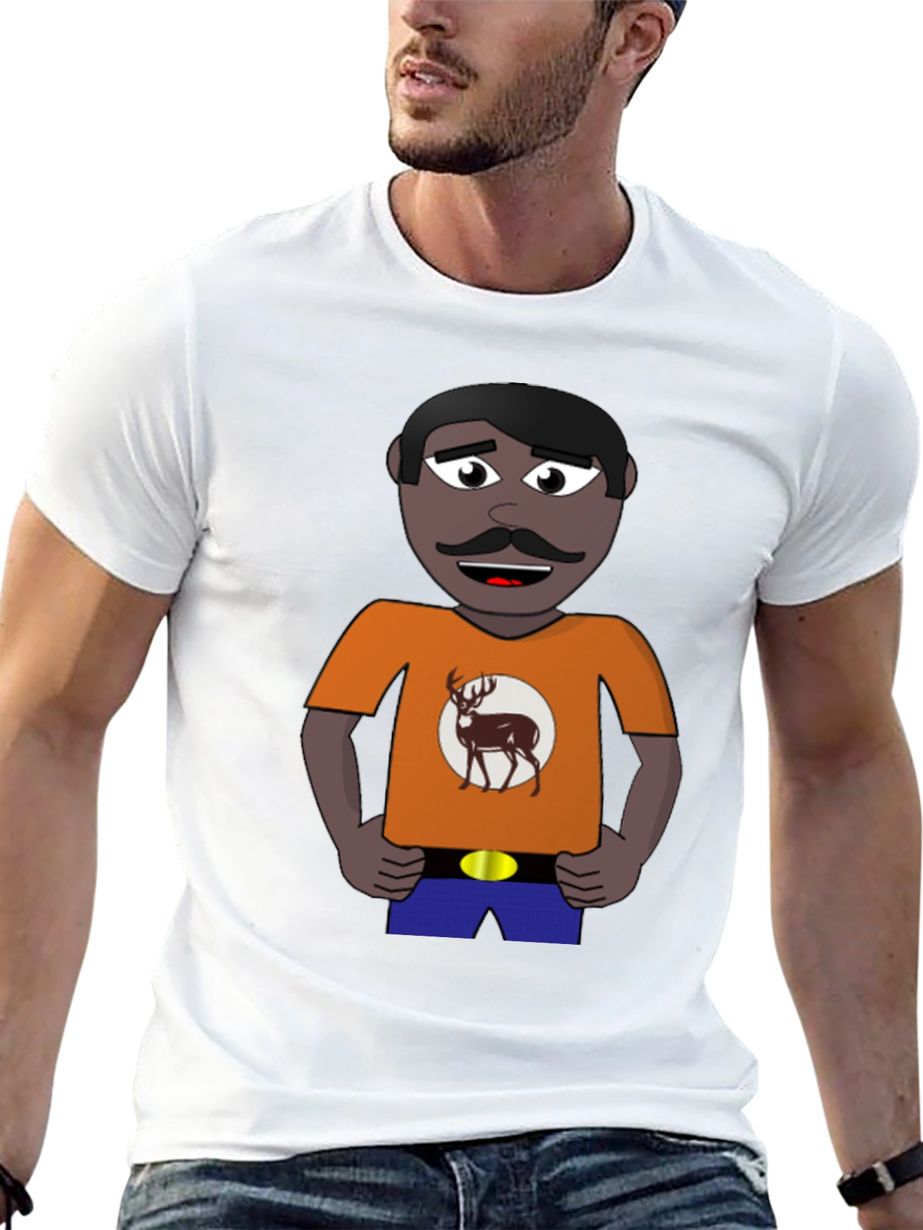 Cartoon Man with Deer Graphic T-Shirt