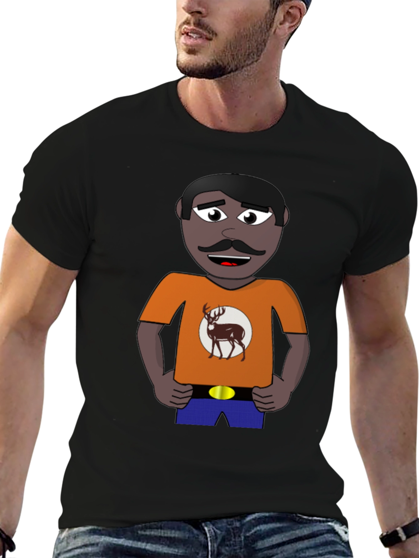 Cartoon Man with Deer Graphic T-Shirt