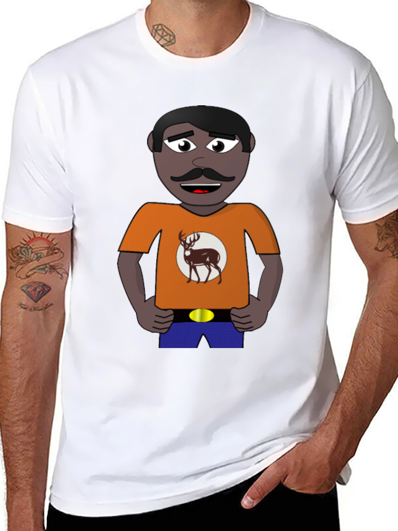 Cartoon Man with Deer Graphic T-Shirt