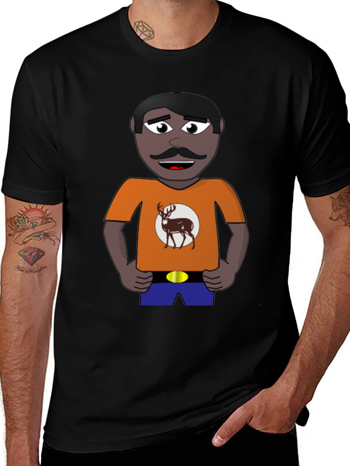 Cartoon Man with Deer Graphic T-Shirt