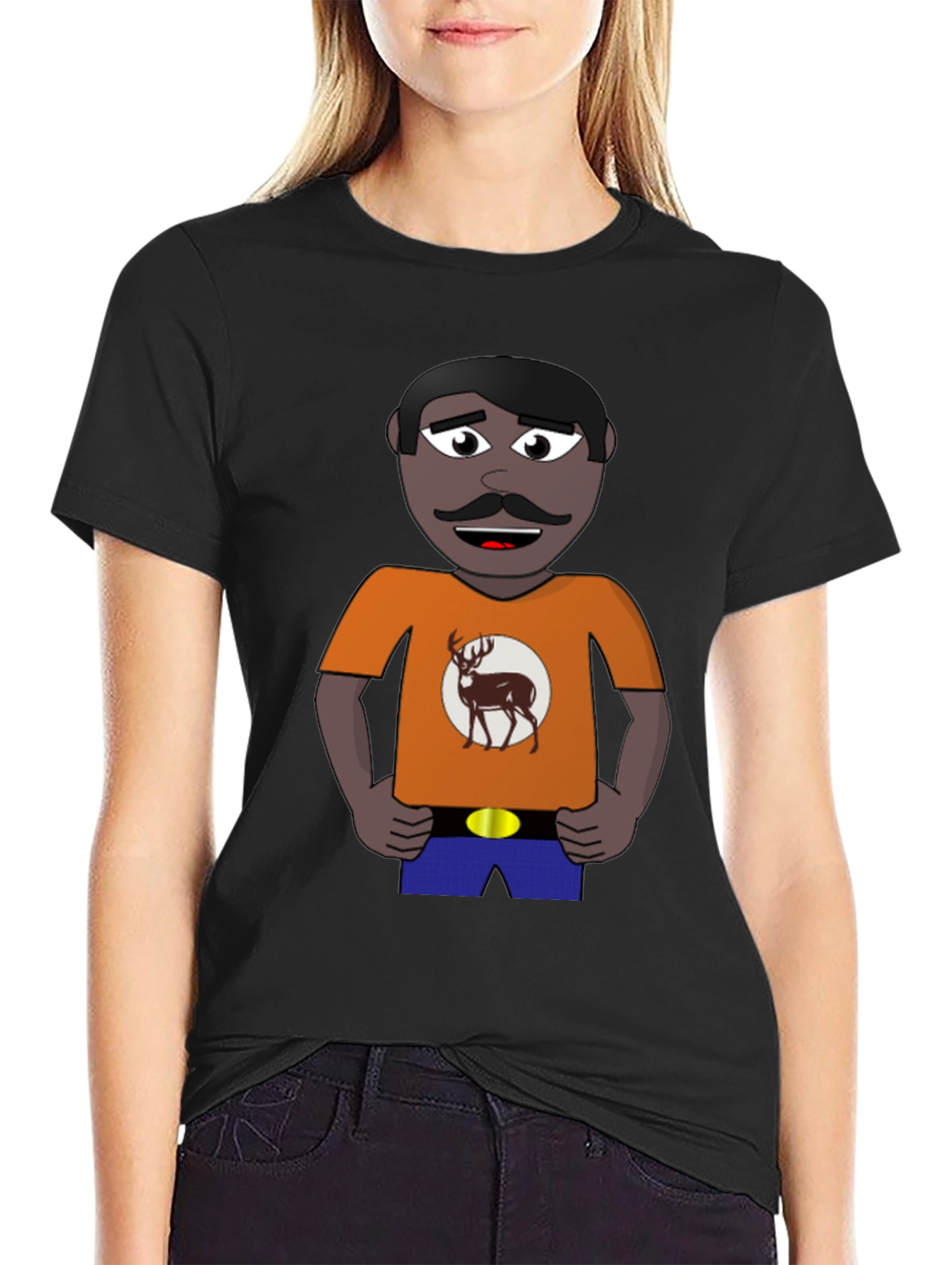 Cartoon Man with Deer Graphic T-Shirt