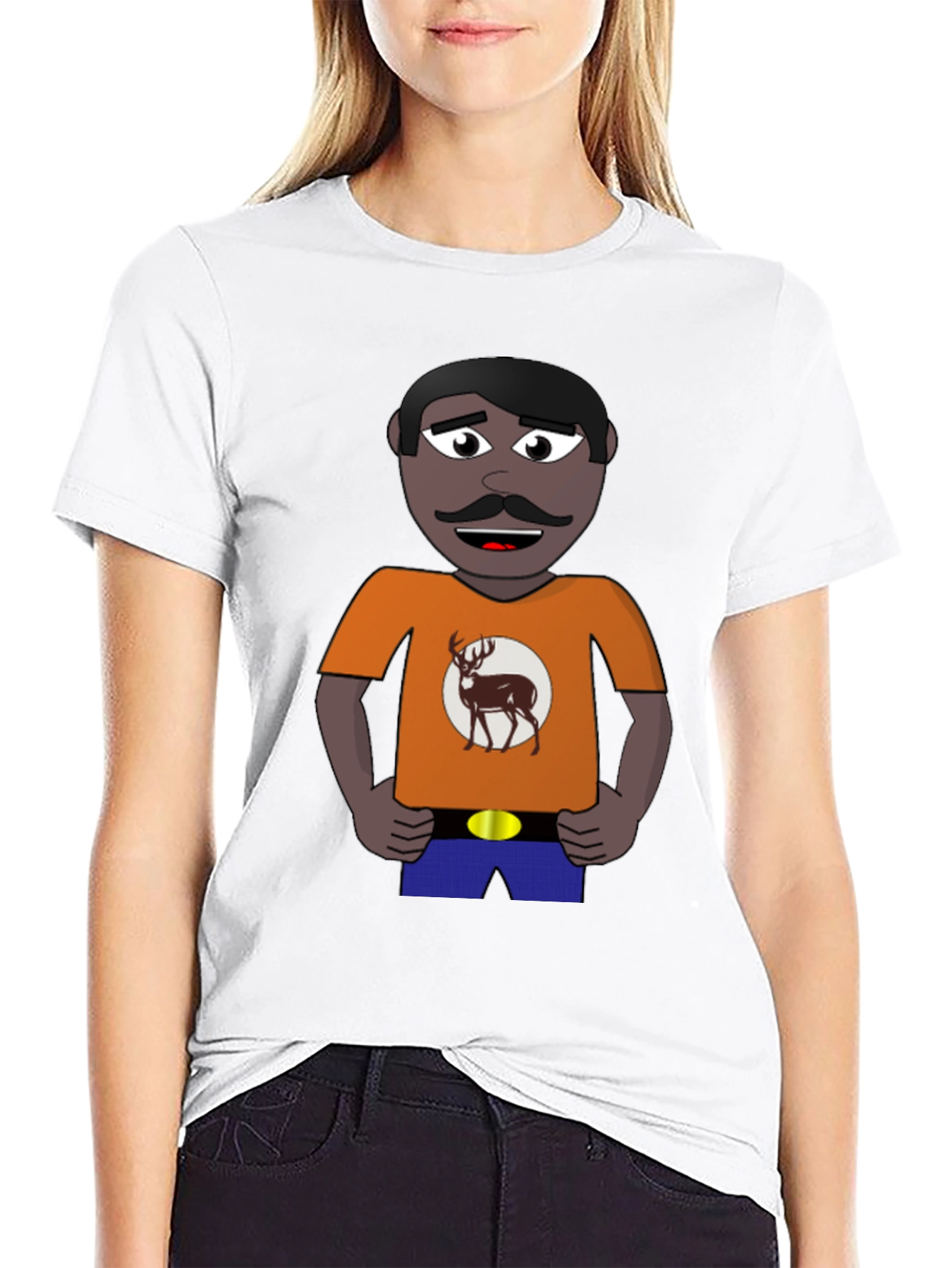 Cartoon Man with Deer Graphic T-Shirt