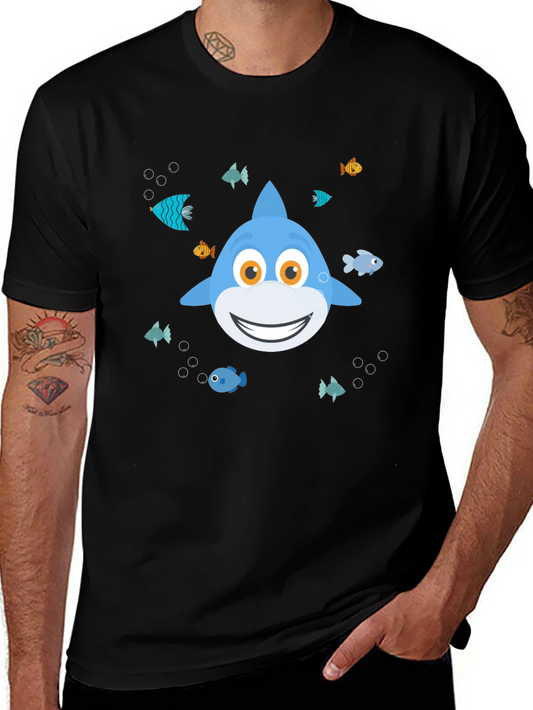 Cute Cartoon Shark Graphic T-Shirt - Black