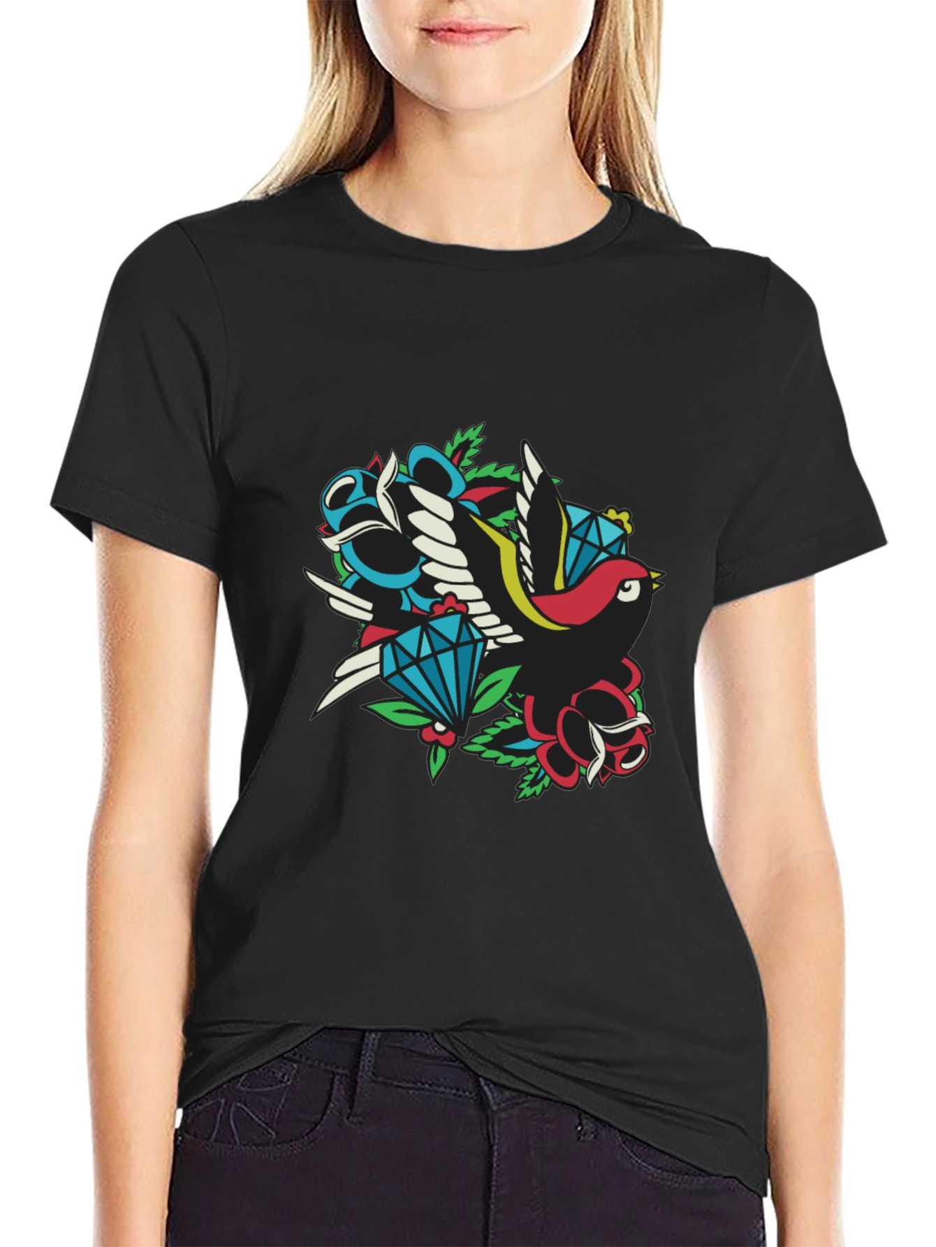 Retro Tattoo Style Bird & Gem Graphic Tee