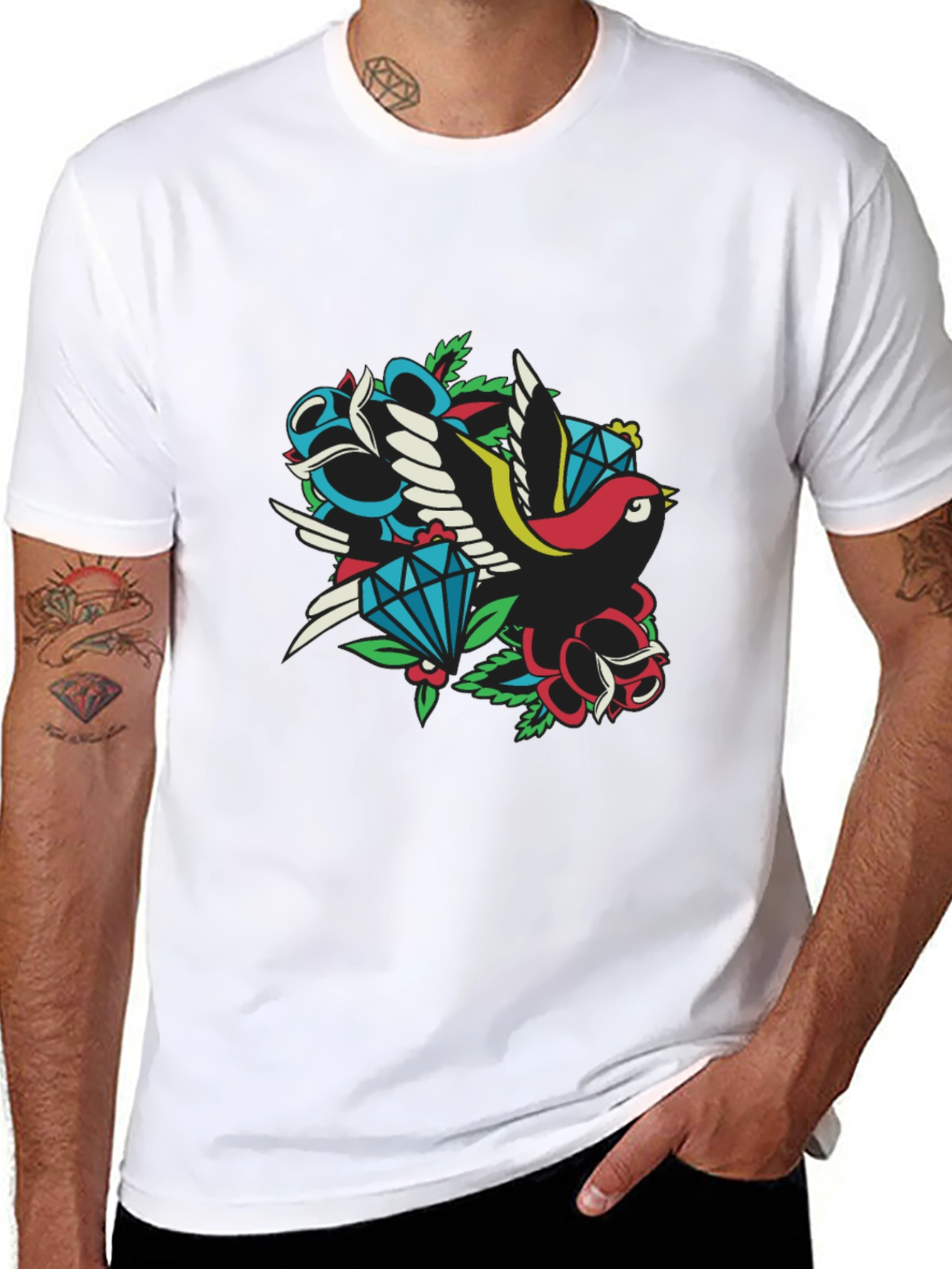 Retro Tattoo Style Bird & Gem Graphic Tee
