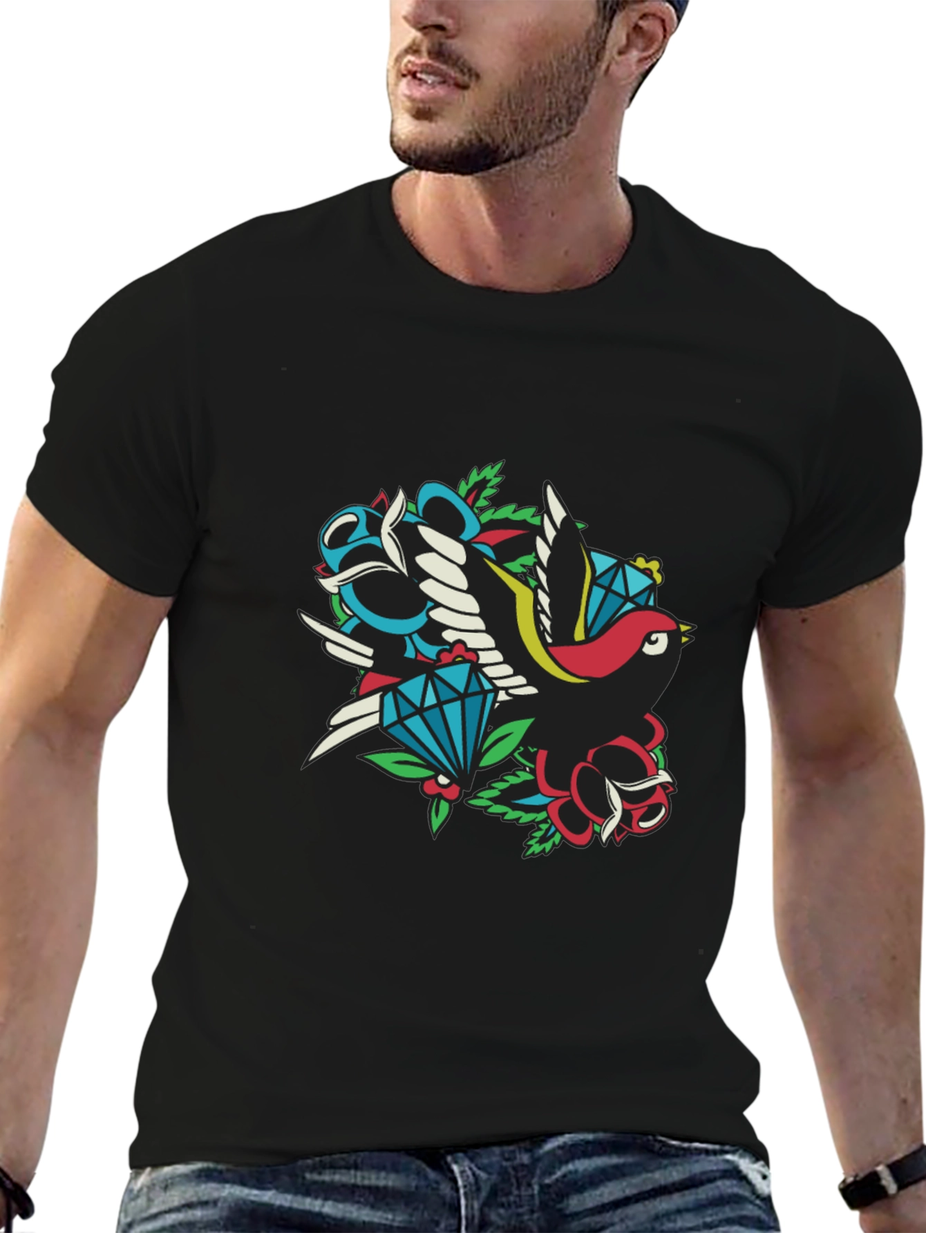 Retro Tattoo Style Bird & Gem Graphic Tee