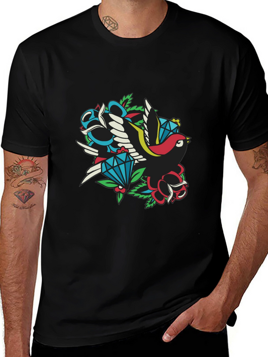 Retro Tattoo Style Bird & Gem Graphic Tee