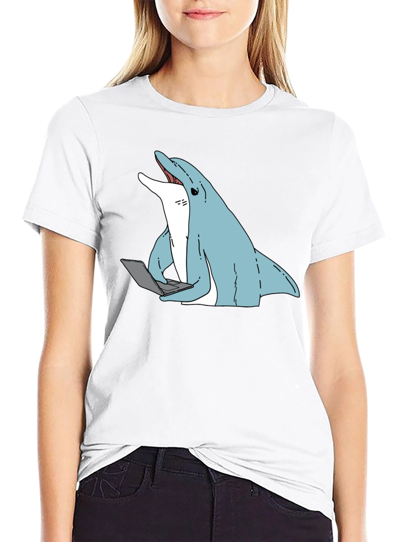 Dolphin Laptop Tee - Casual Cotton Blend T-Shirt